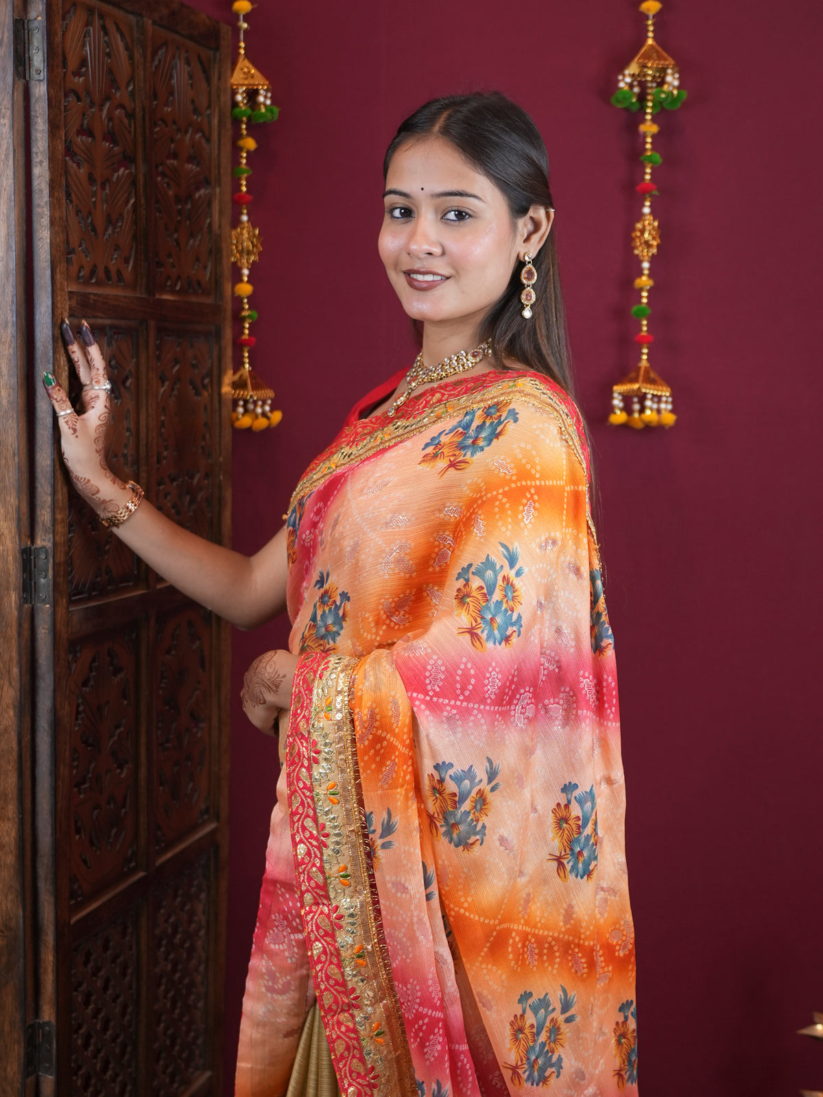 Peach & Coral Floral Printed Georgette with Embellished Border Ready To Wear Saree