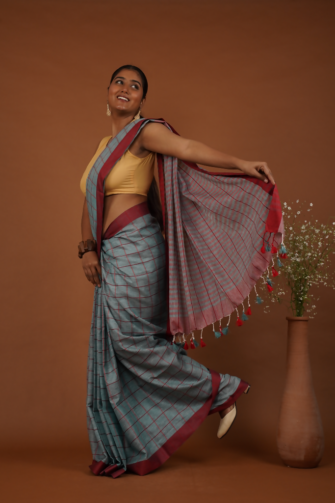 NeelMaroon Rekha Handwoven Slate Blue Cotton Saree | SHOBITAM