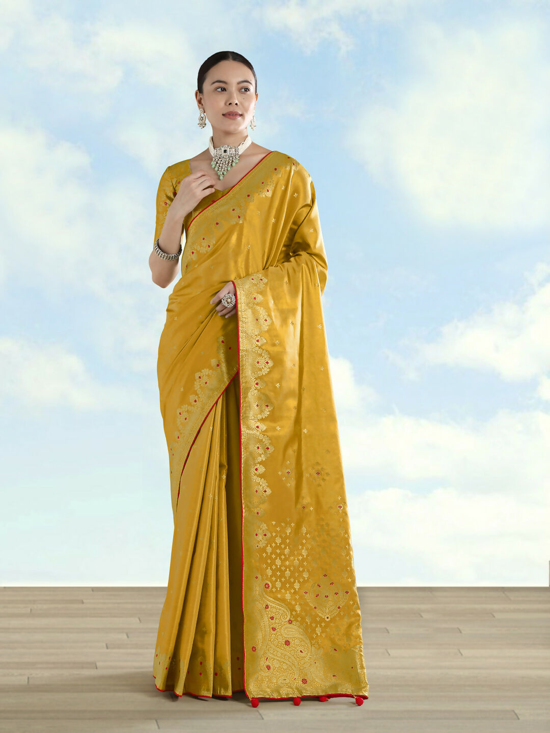 Mustard Color Paisley Zari Woven Semi Banarasi Tissue Silk Saree | Shobitam