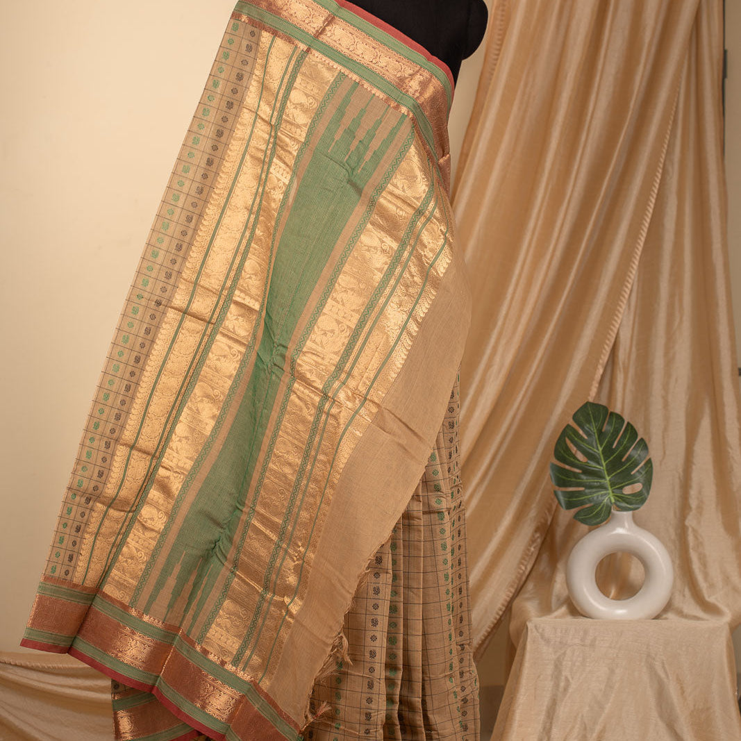 Beige 1000 Butta Kanchi Cotton Saree With Zari Nila | Shobitam