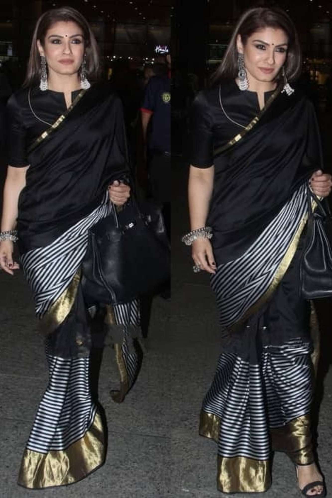 Raveena Tandon inspired semi katan silk Black & White Striped with Gold Zari Border Ready To Wear Saree