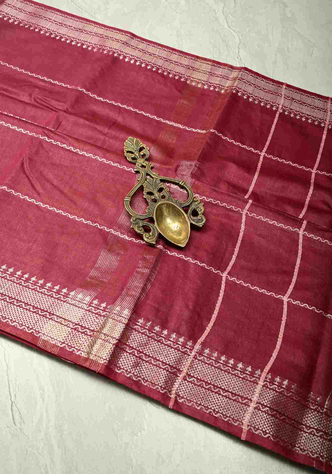 Berry Semi Tussar Saree with Veldhari Stripes and Zari Border Ready To Wear Saree
