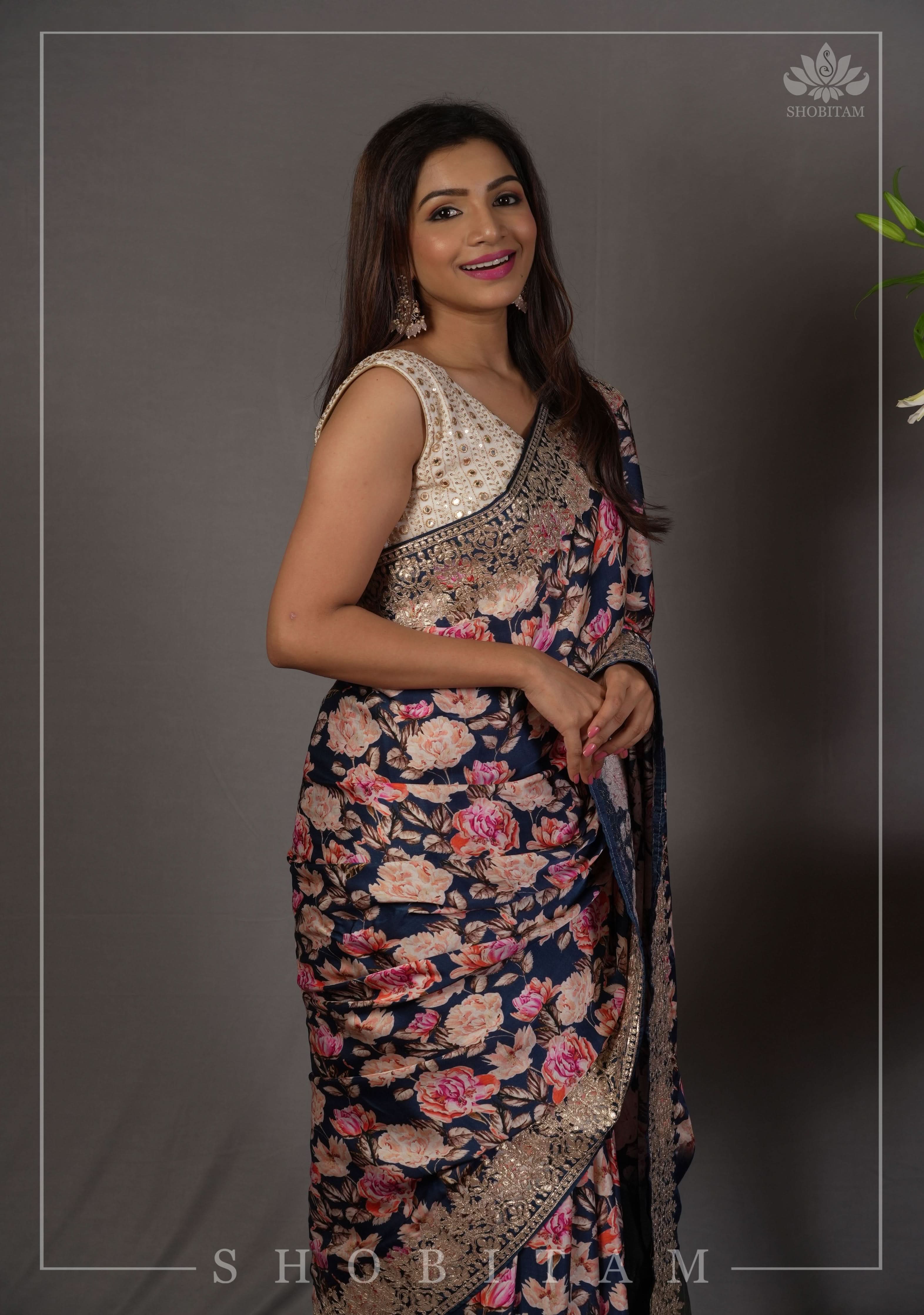 Navy Blue Gajji Silk Saree with Floral Print and Crushed Zari Pallu | Shobitam