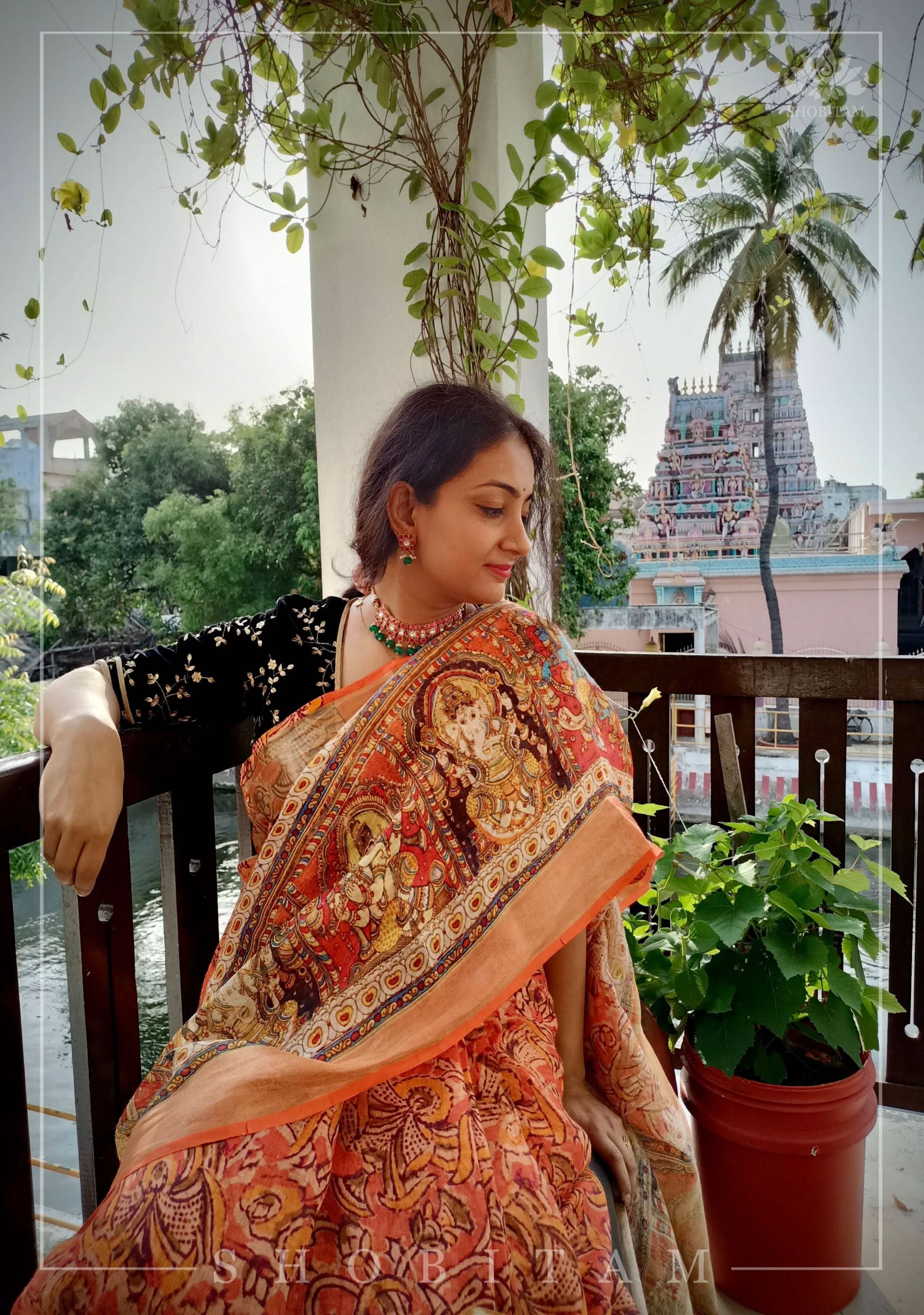 Orange Silk Linen Saree with Lord Ganesha Kalamkari Digital Print | Shobitam