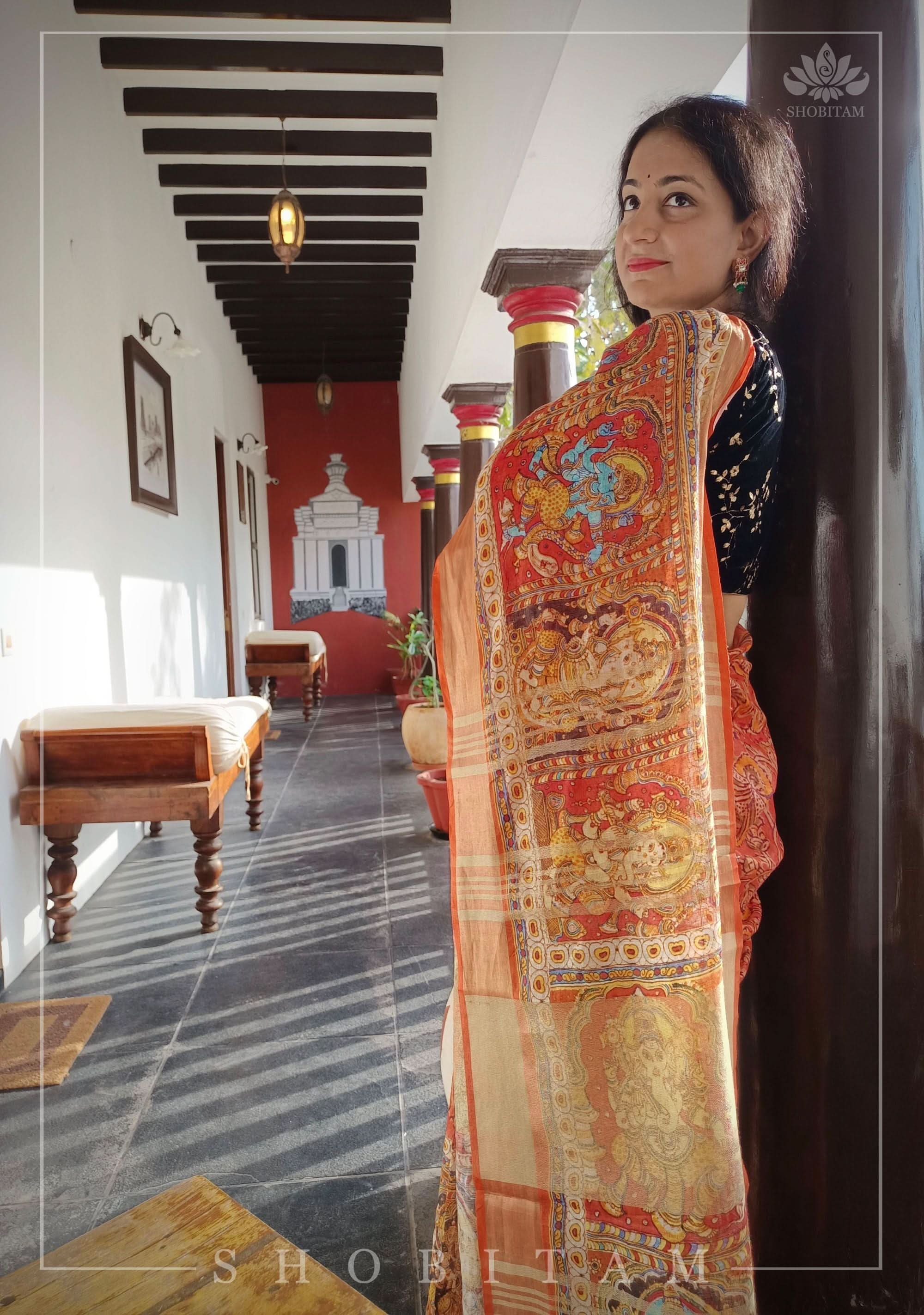 Orange Silk Linen Saree with Lord Ganesha Kalamkari Digital Print | Shobitam