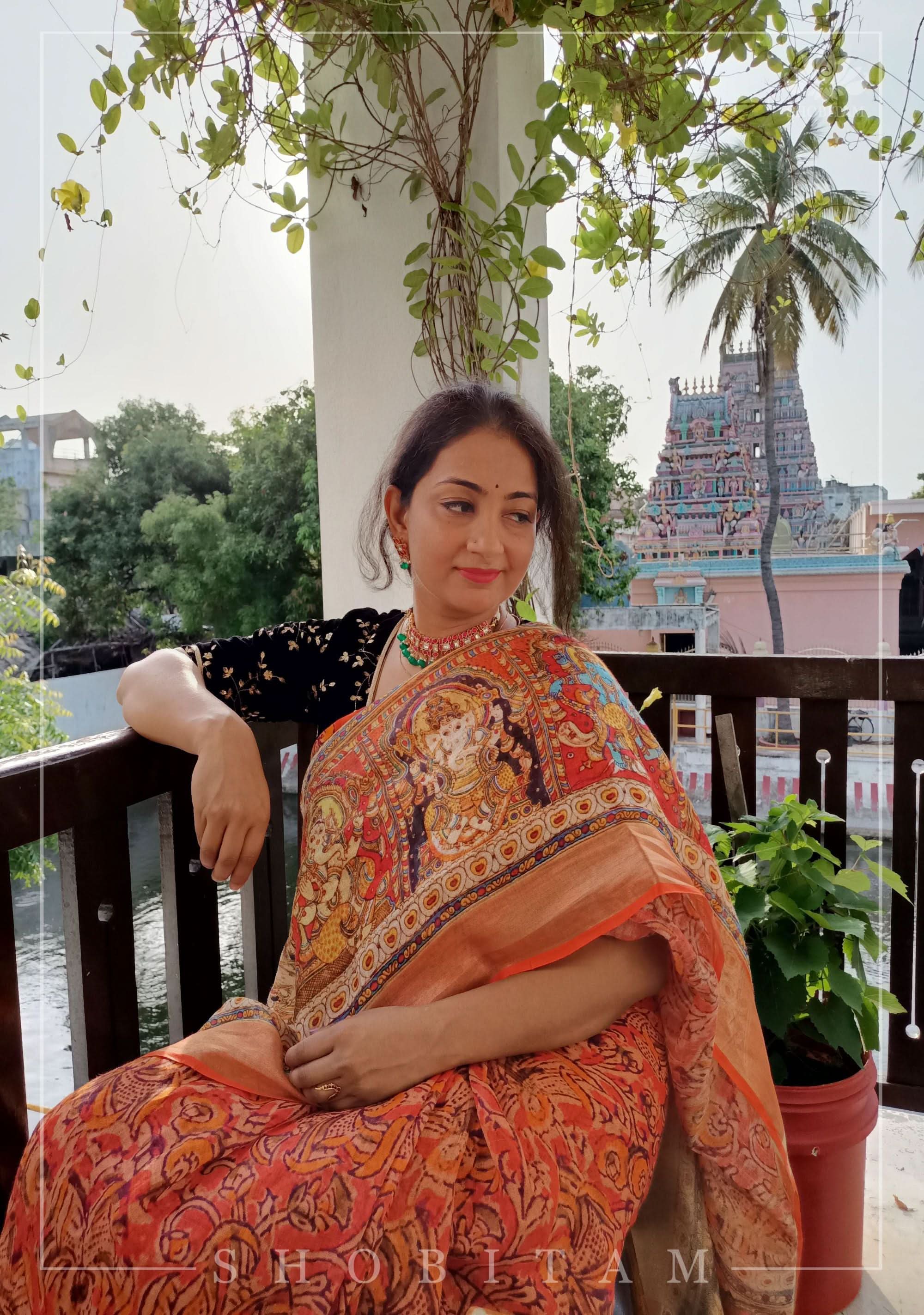 Orange Silk Linen Saree with Lord Ganesha Kalamkari Digital Print | Shobitam