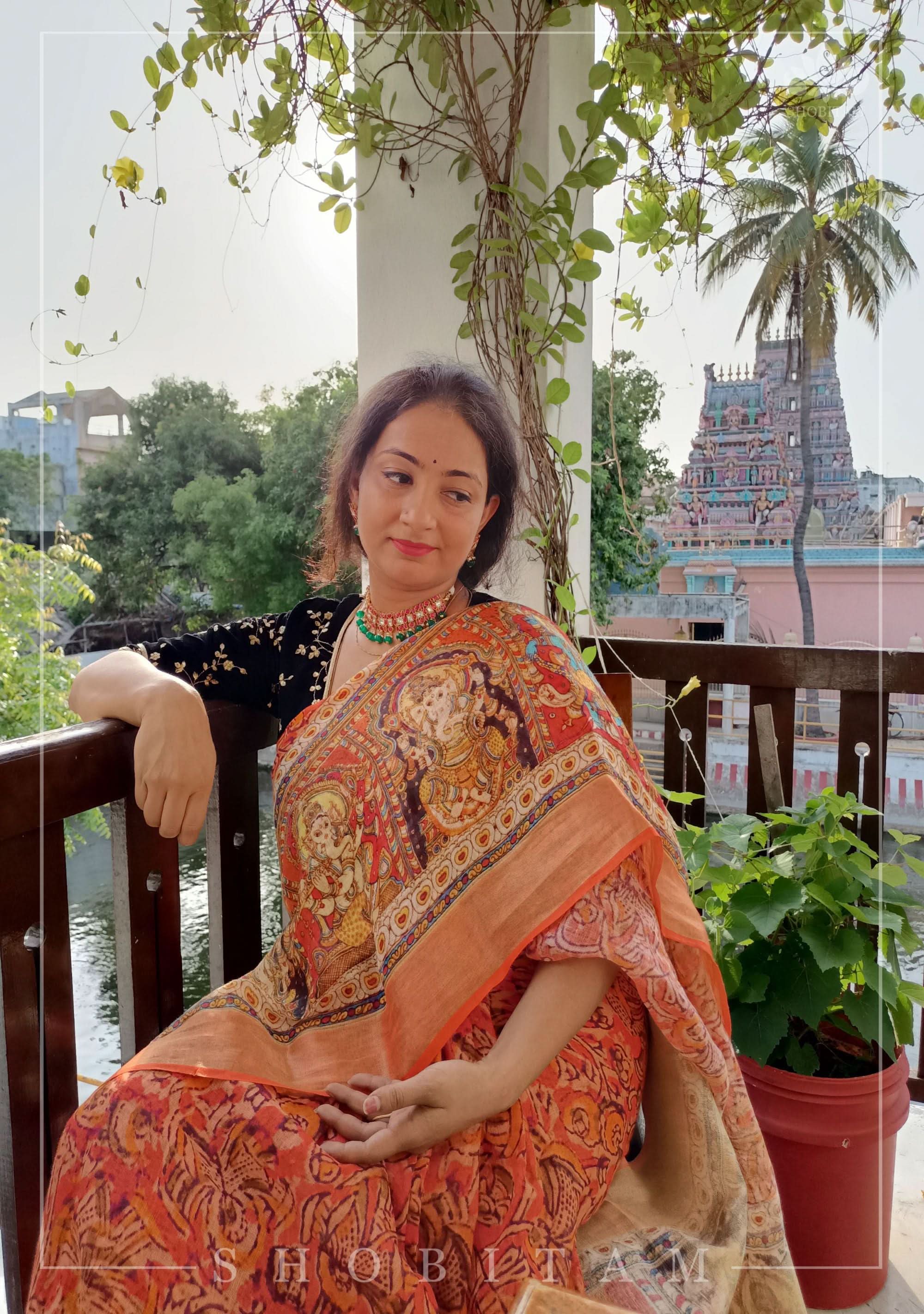 Orange Silk Linen Saree with Lord Ganesha Kalamkari Digital Print | Shobitam