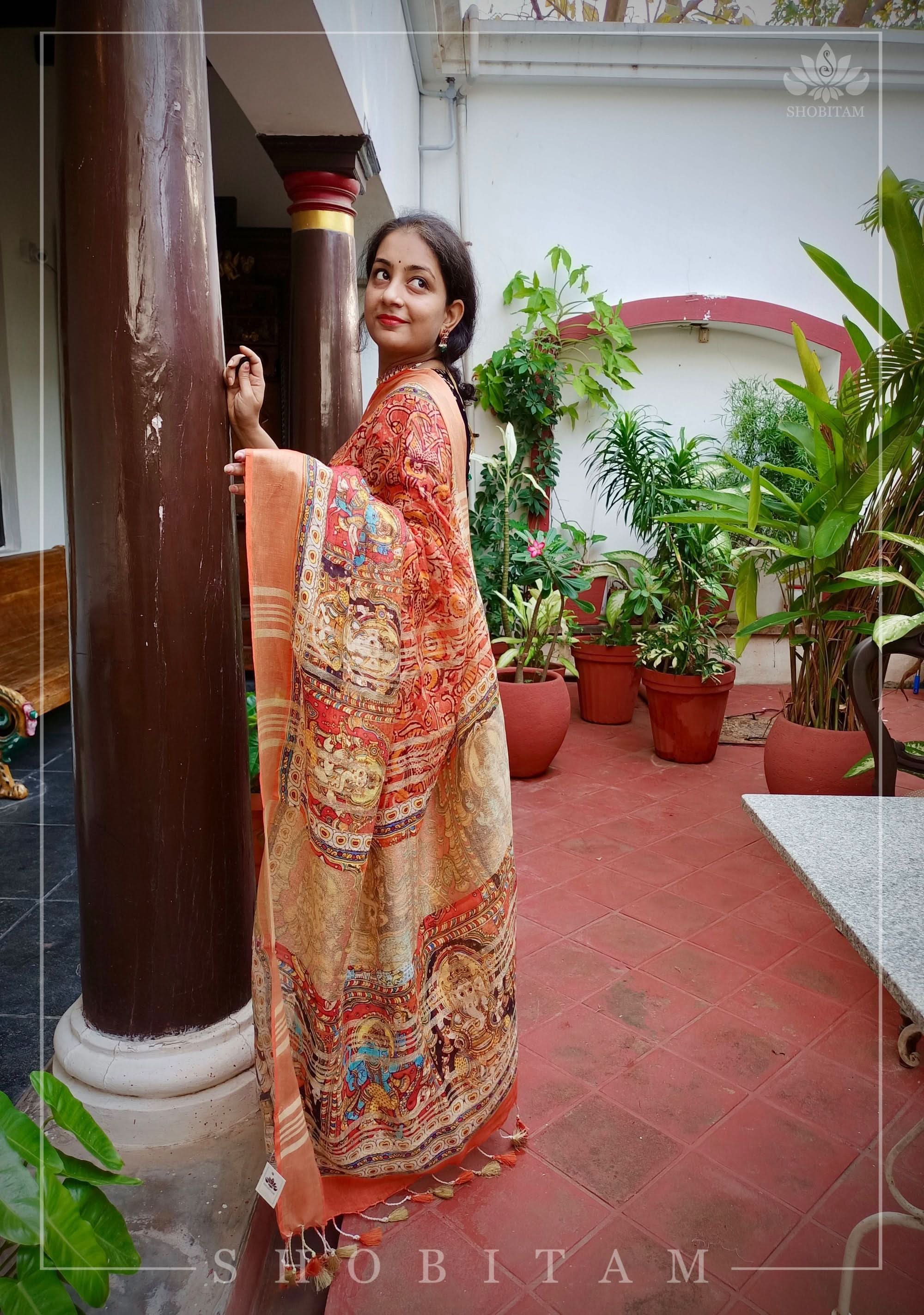 Orange Silk Linen Saree with Lord Ganesha Kalamkari Digital Print | Shobitam