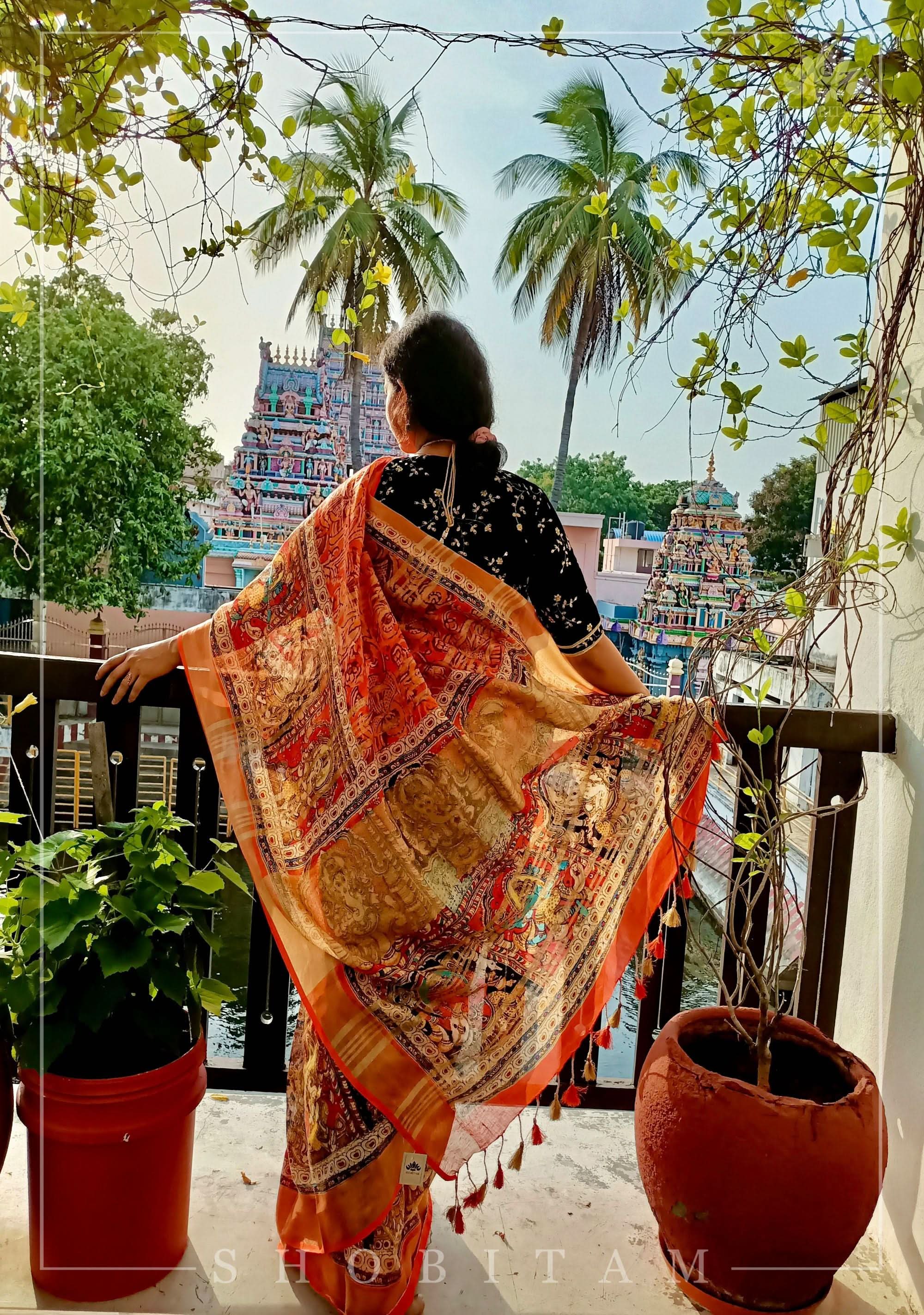 Orange Silk Linen Saree with Lord Ganesha Kalamkari Digital Print | Shobitam