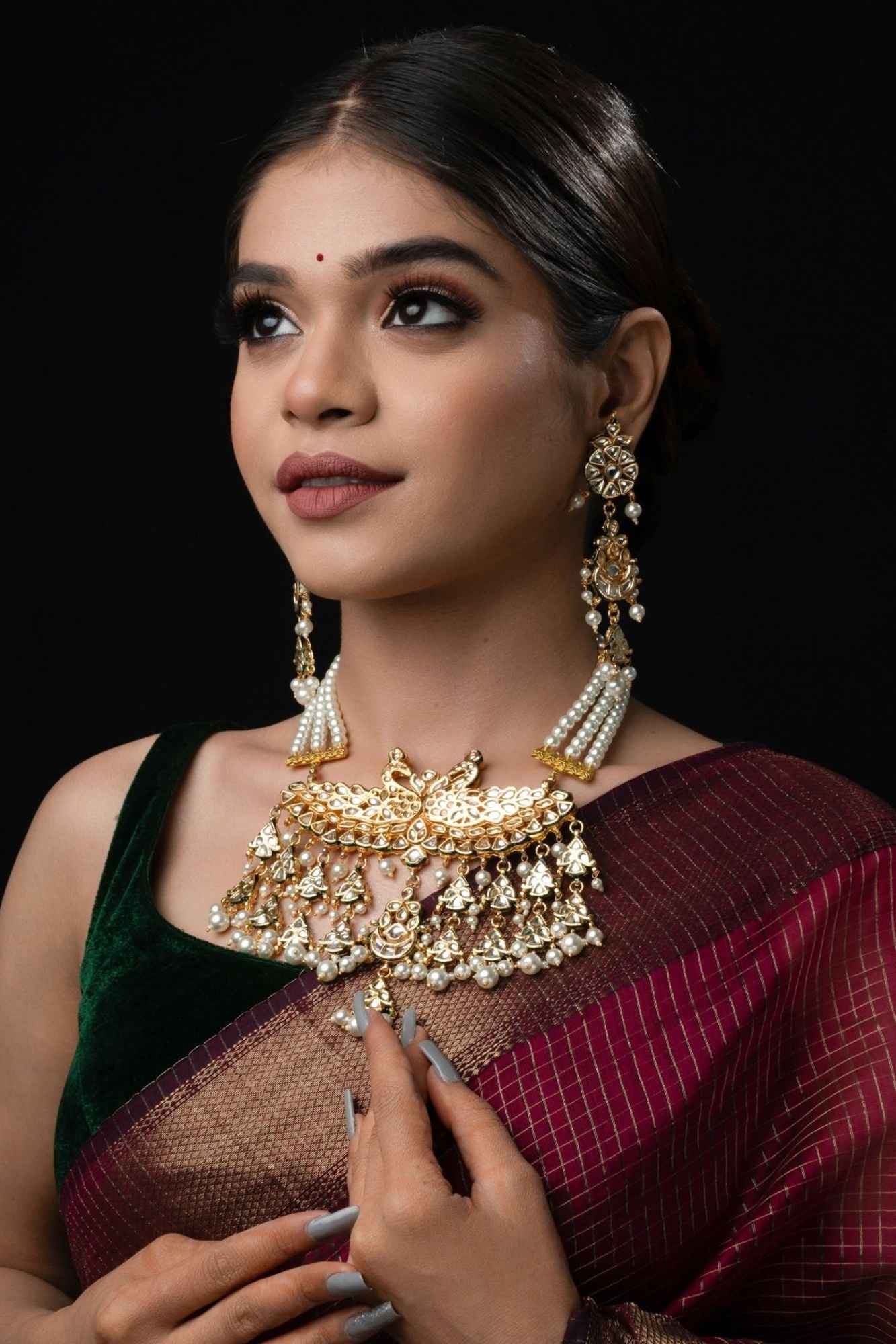 Statement Twin Peacock White Kundan Necklace Set with three rows of beads and 4.2" Long Earrings