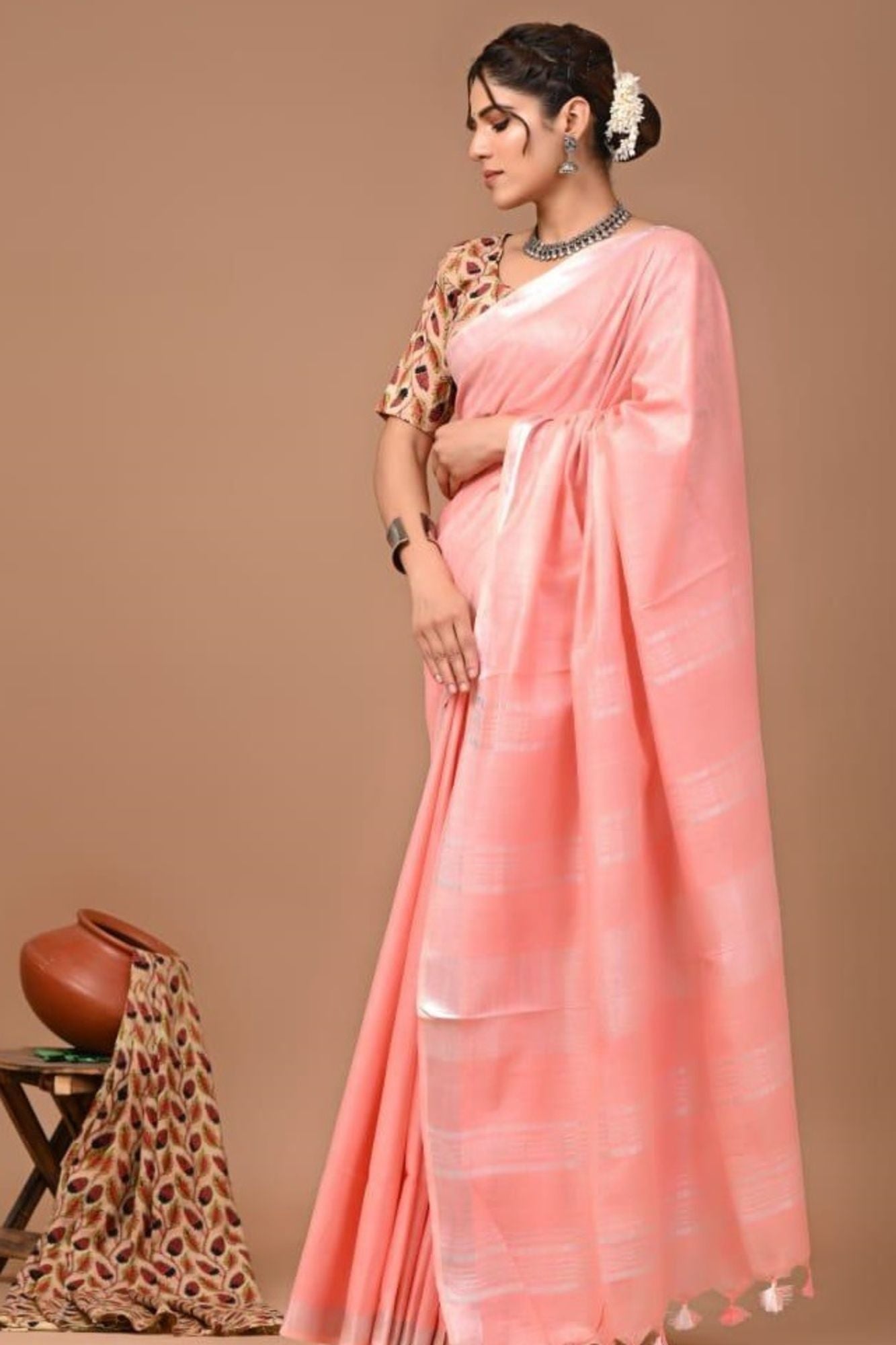 Beautiful Linen Cotton with Zari Weave Ready to wear Saree