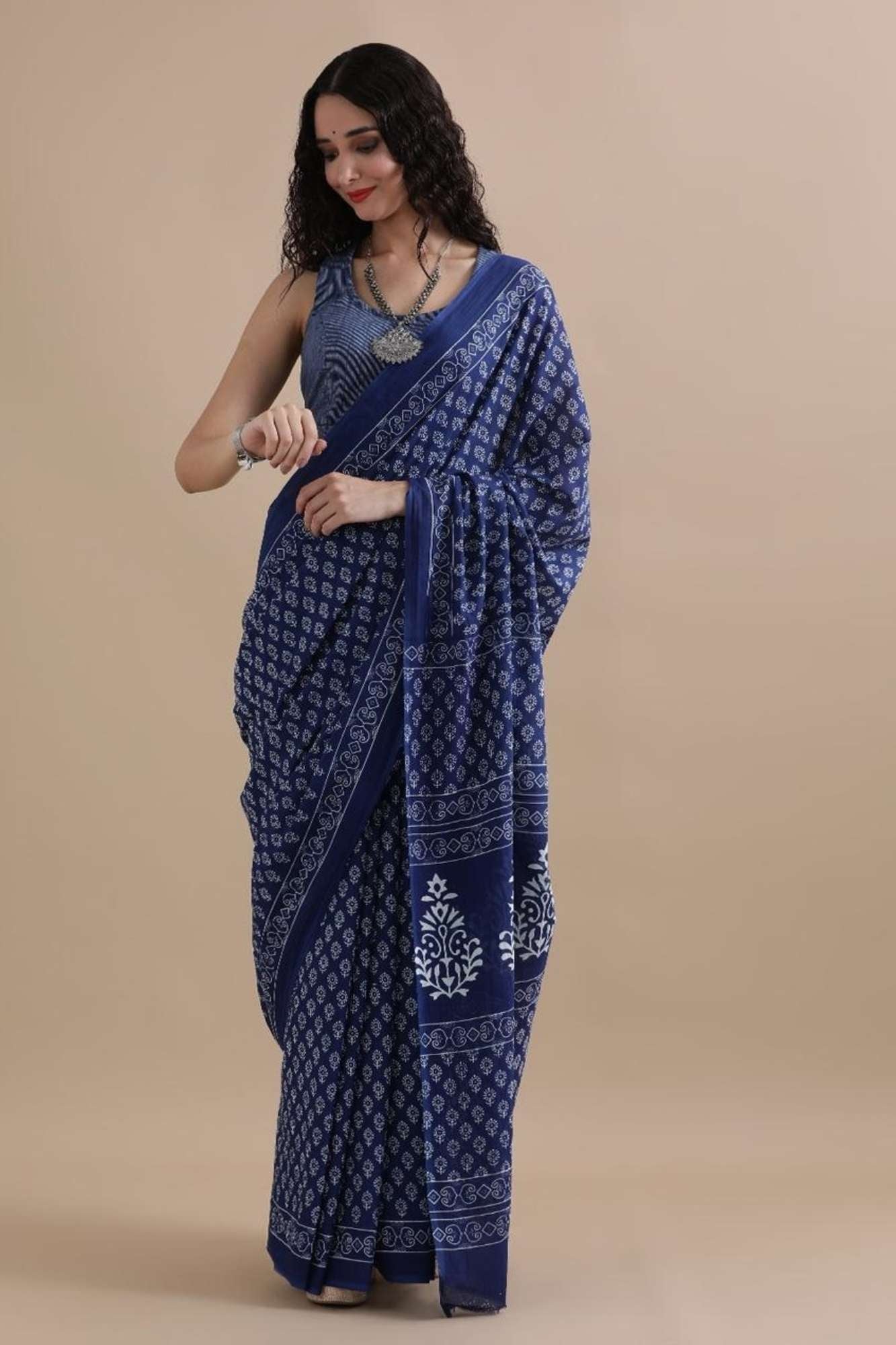 Beautiful Blue Mulmul Cotton with Allover Hand Block Printed Ready to wear Saree