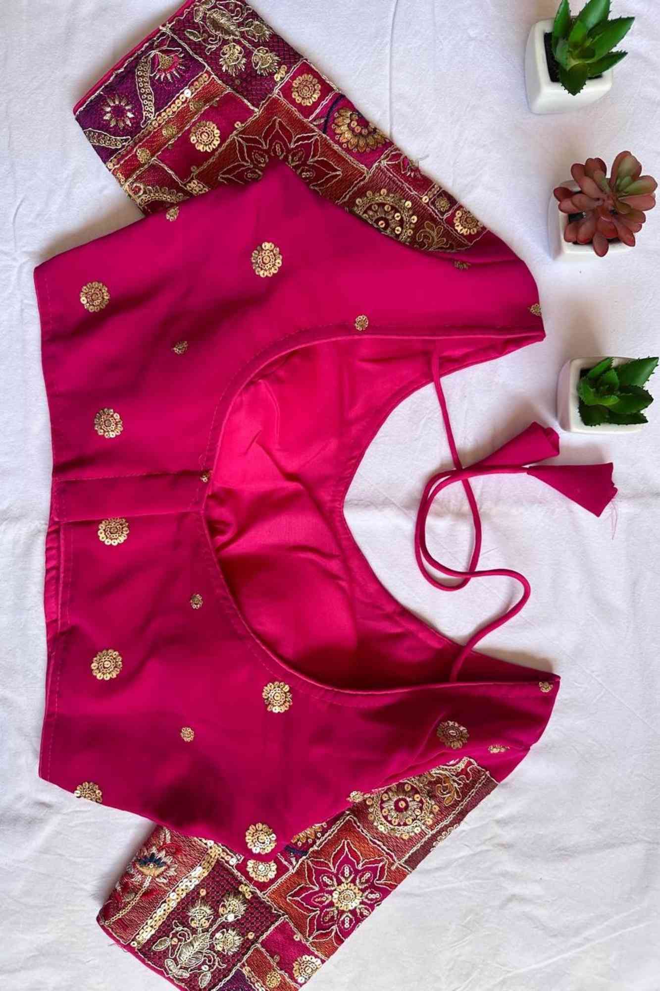 Handcrafted Pink Georgette Zardosi Embroidered Ready to Wear Blouse.