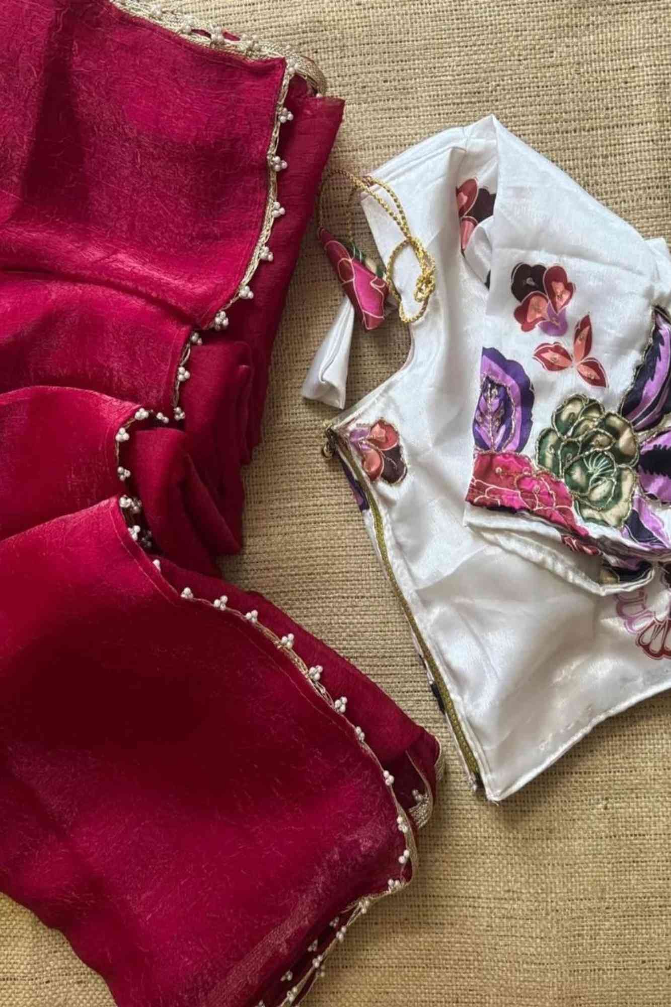 Beautiful Red Silk Crush Saree with Lace Trimmed Border & Full Stitched Kalamkari Print Handwork Blouse Wrap in 1 Minute Saree