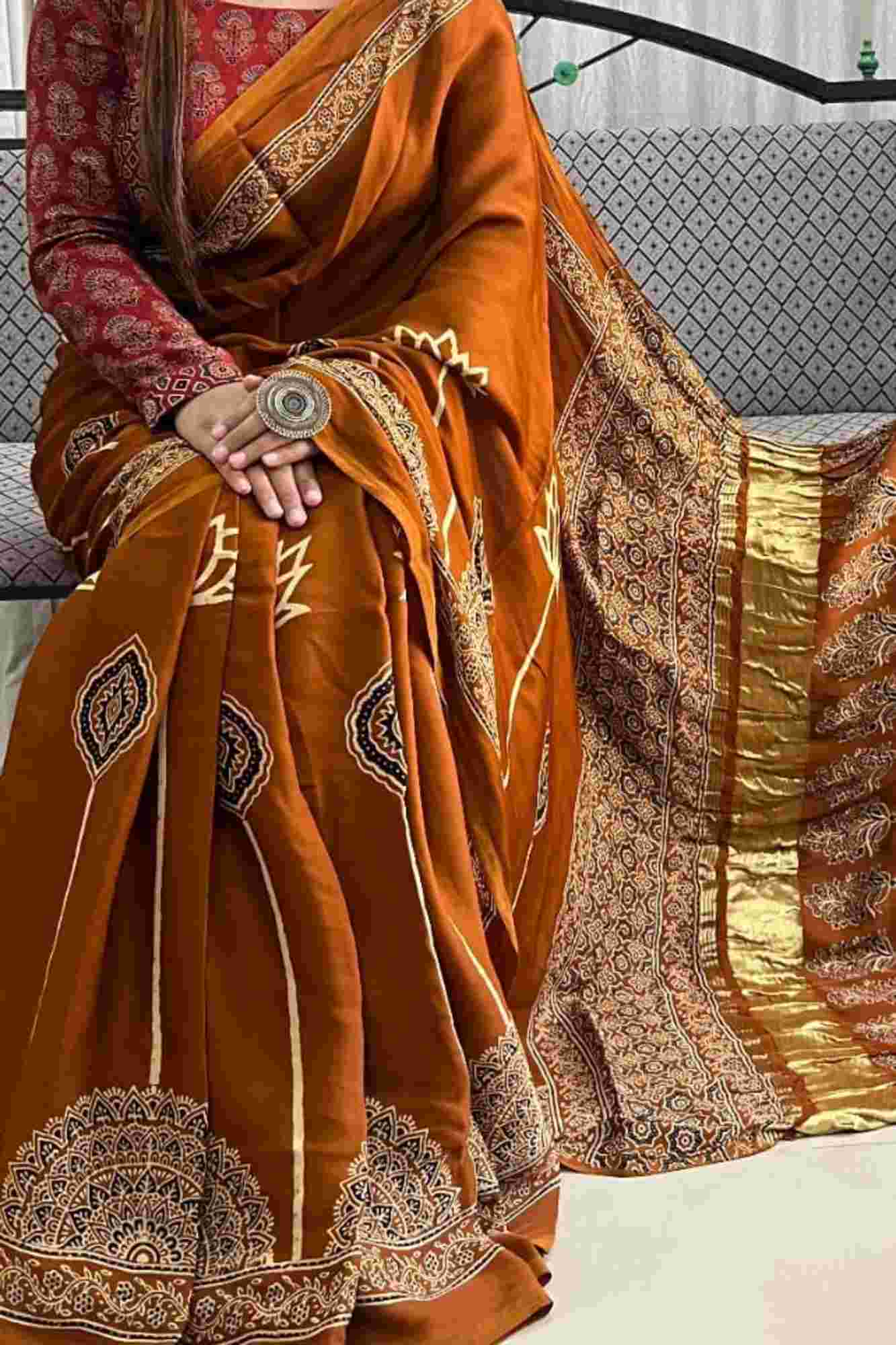 Designer Pure Modal Silk Hand Block Ajrakh Printed Saree in Yellow with Golden Zari Border & Blouse Piece Wrap in one minute saree