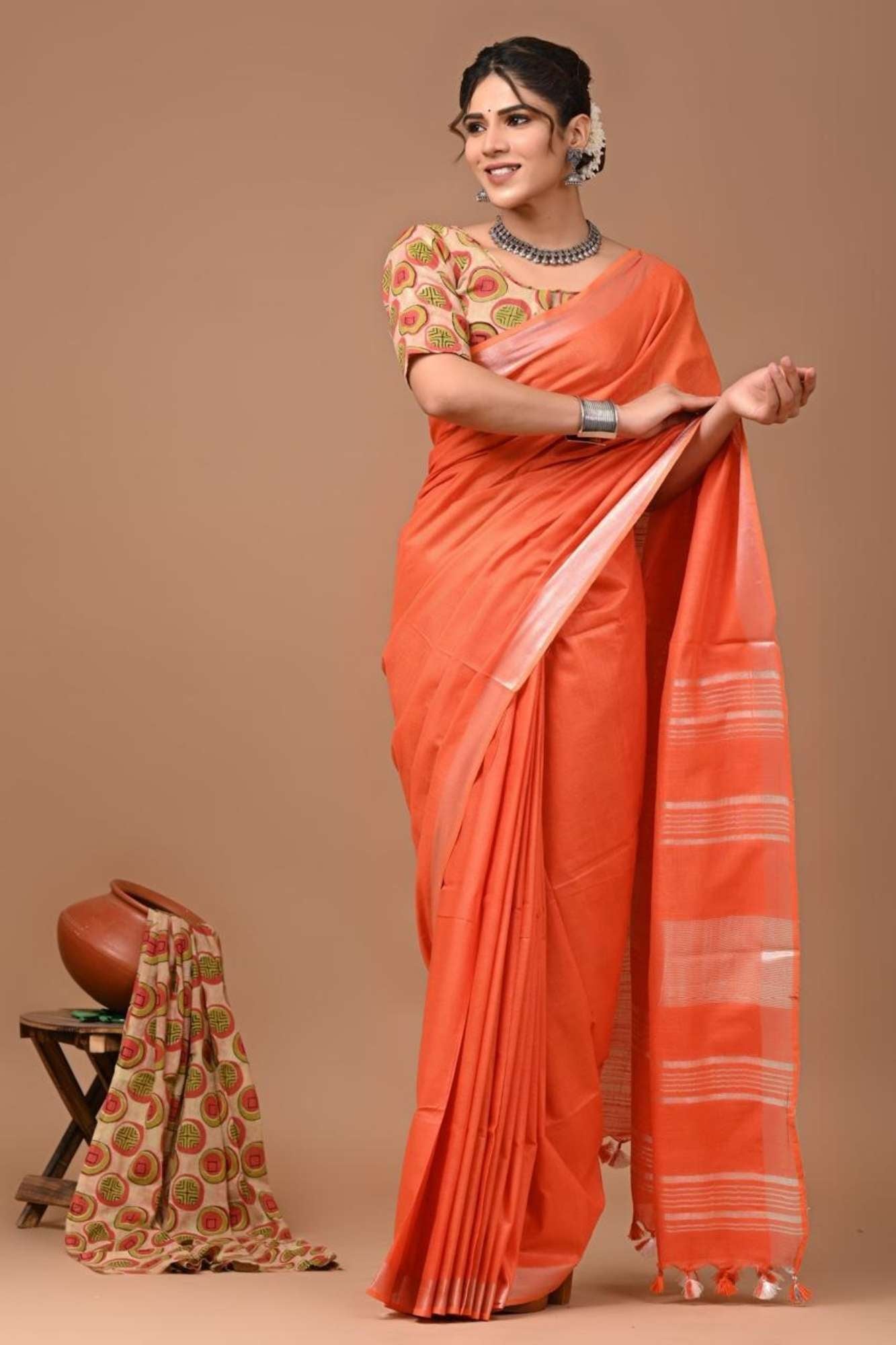 Orange Linen Cotton Ready to Wear Saree
