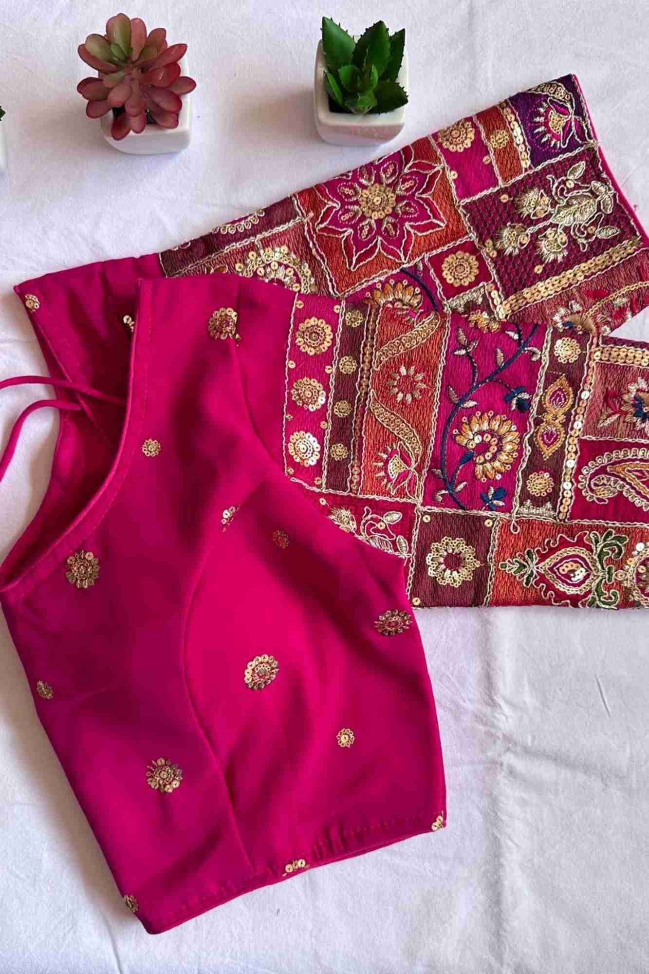 Handcrafted Pink Georgette Zardosi Embroidered Ready to Wear Blouse.
