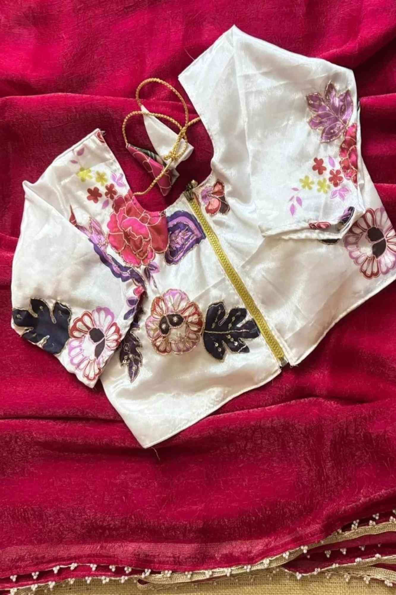 Beautiful Red Silk Crush Saree with Lace Trimmed Border & Full Stitched Kalamkari Print Handwork Blouse Wrap in 1 Minute Saree