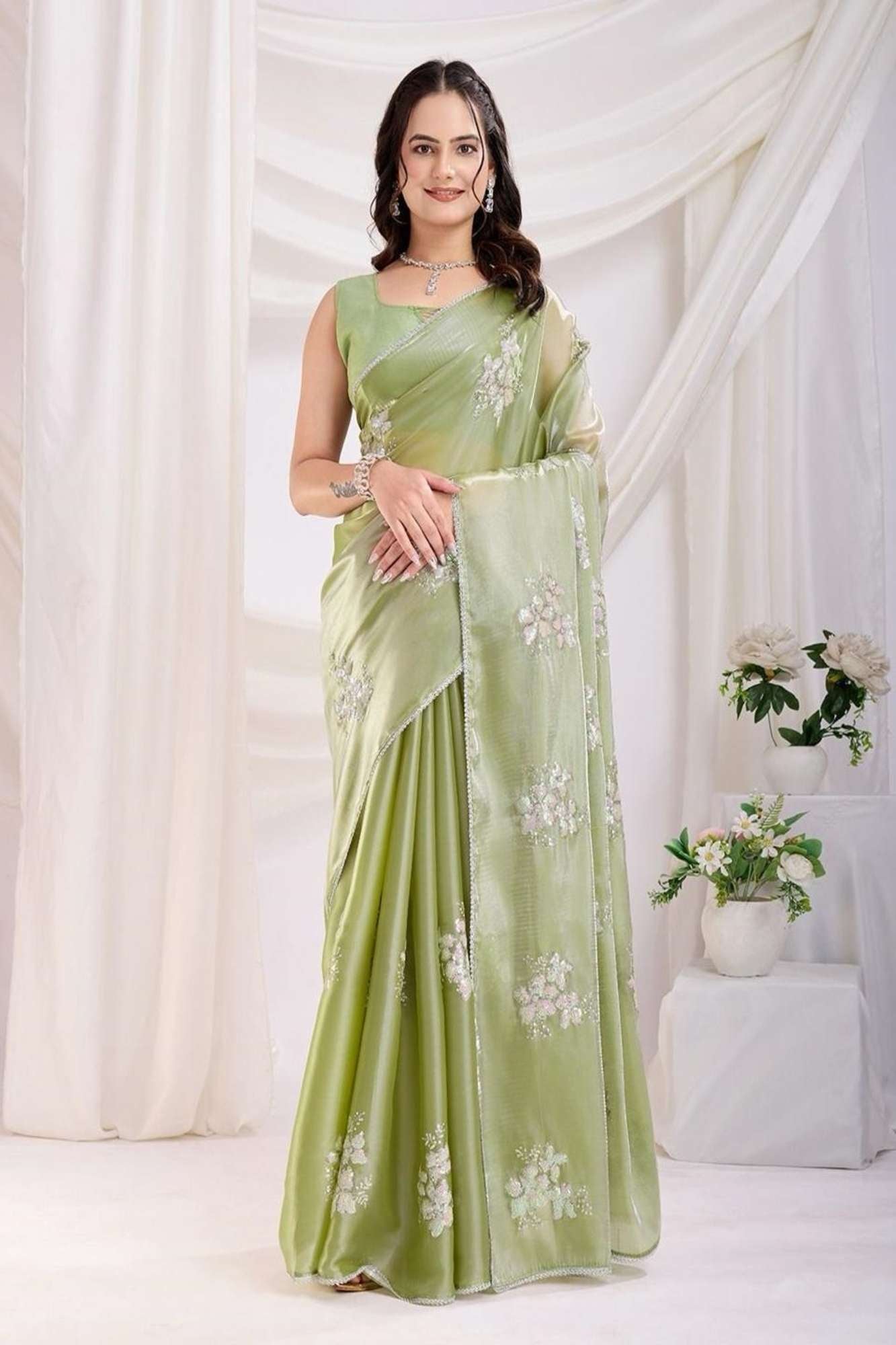 Chiffon Silk with Sequins Embroidery & Cutwork Lace Border Ready To Wear Saree
