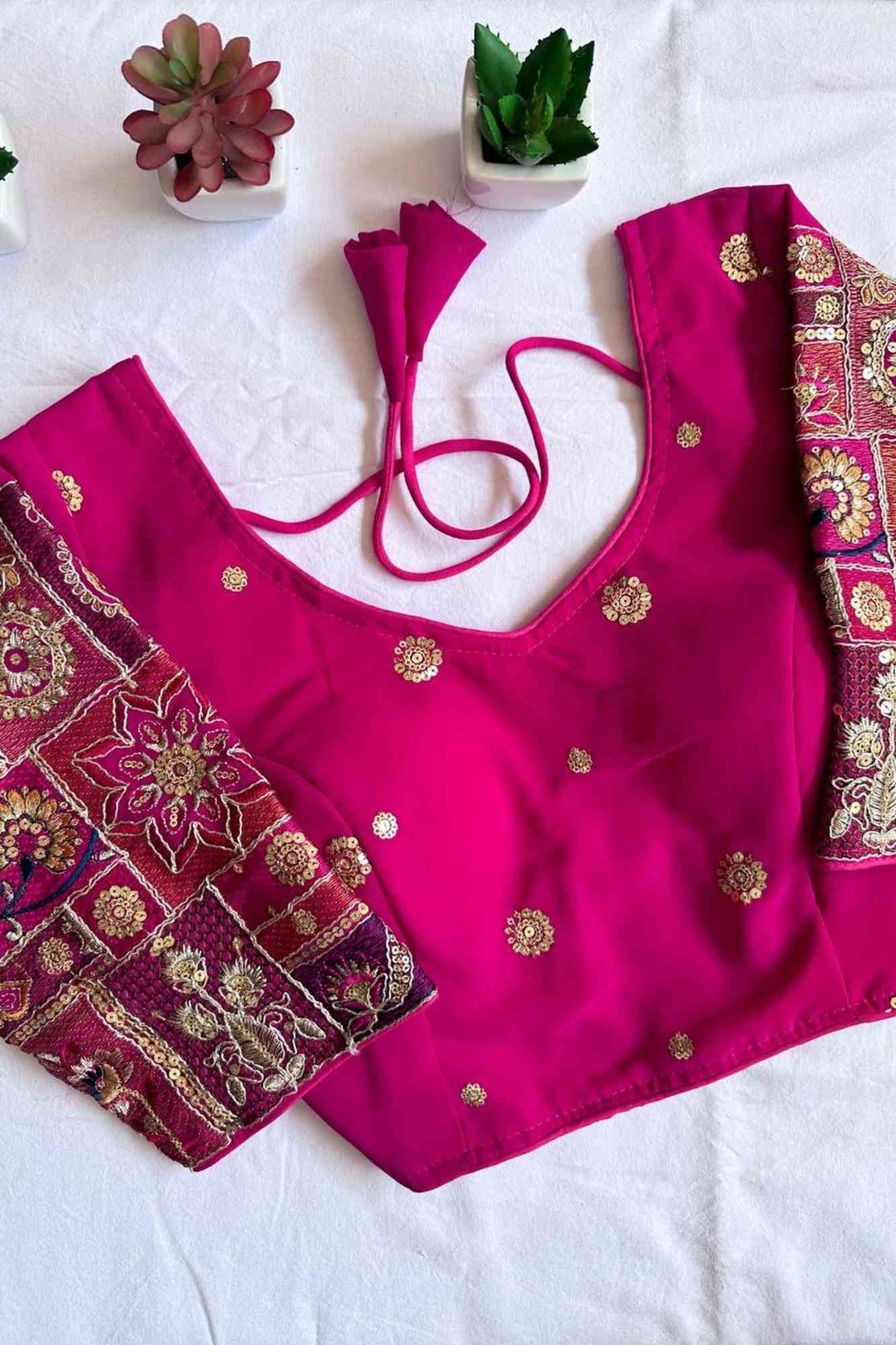 Handcrafted Pink Georgette Zardosi Embroidered Ready to Wear Blouse.