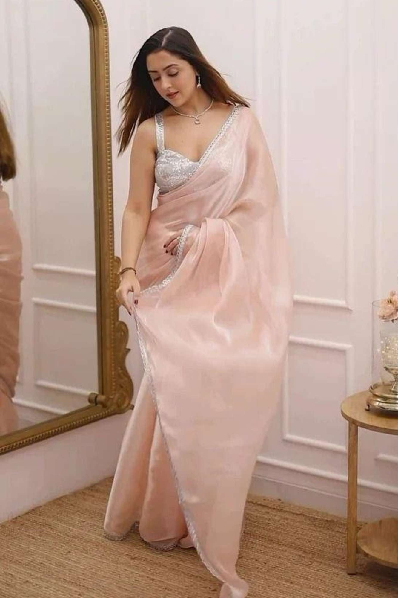 Elegant Peach Chiffon Silk with Overall Silver Lace Ready to wear Saree