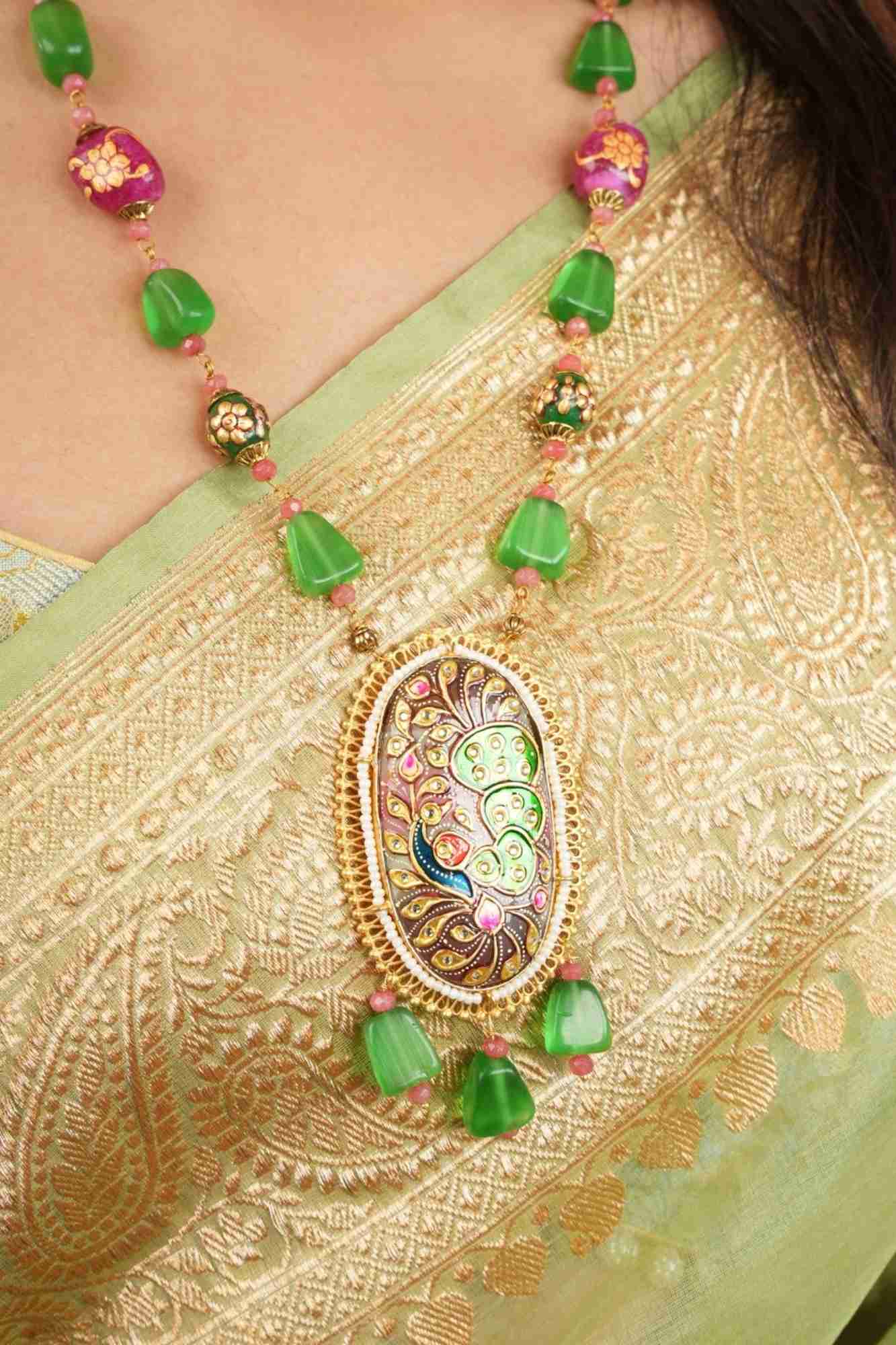 Green beads Necklace Set with Meenakari Hand painted Peacock Design Pendant