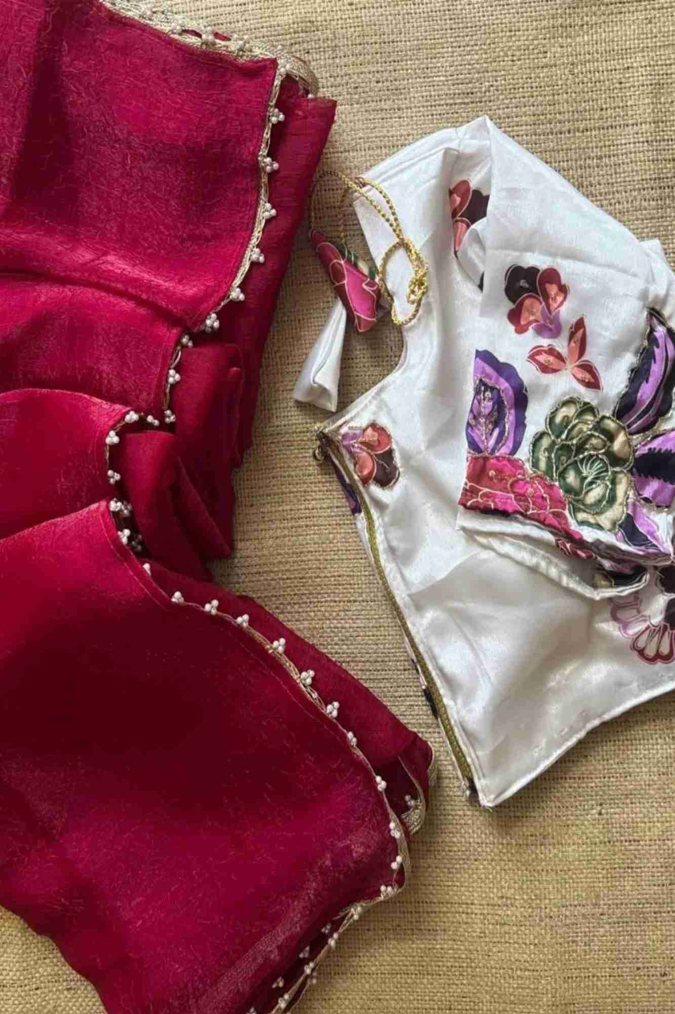 Beautiful Red Silk Crush Saree with Lace Trimmed Border & Full Stitched Kalamkari Print Handwork Blouse Wrap in 1 Minute Saree