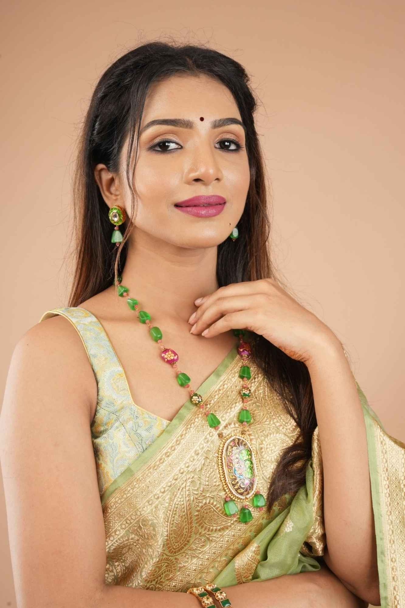 Green beads Necklace Set with Meenakari Hand painted Peacock Design Pendant