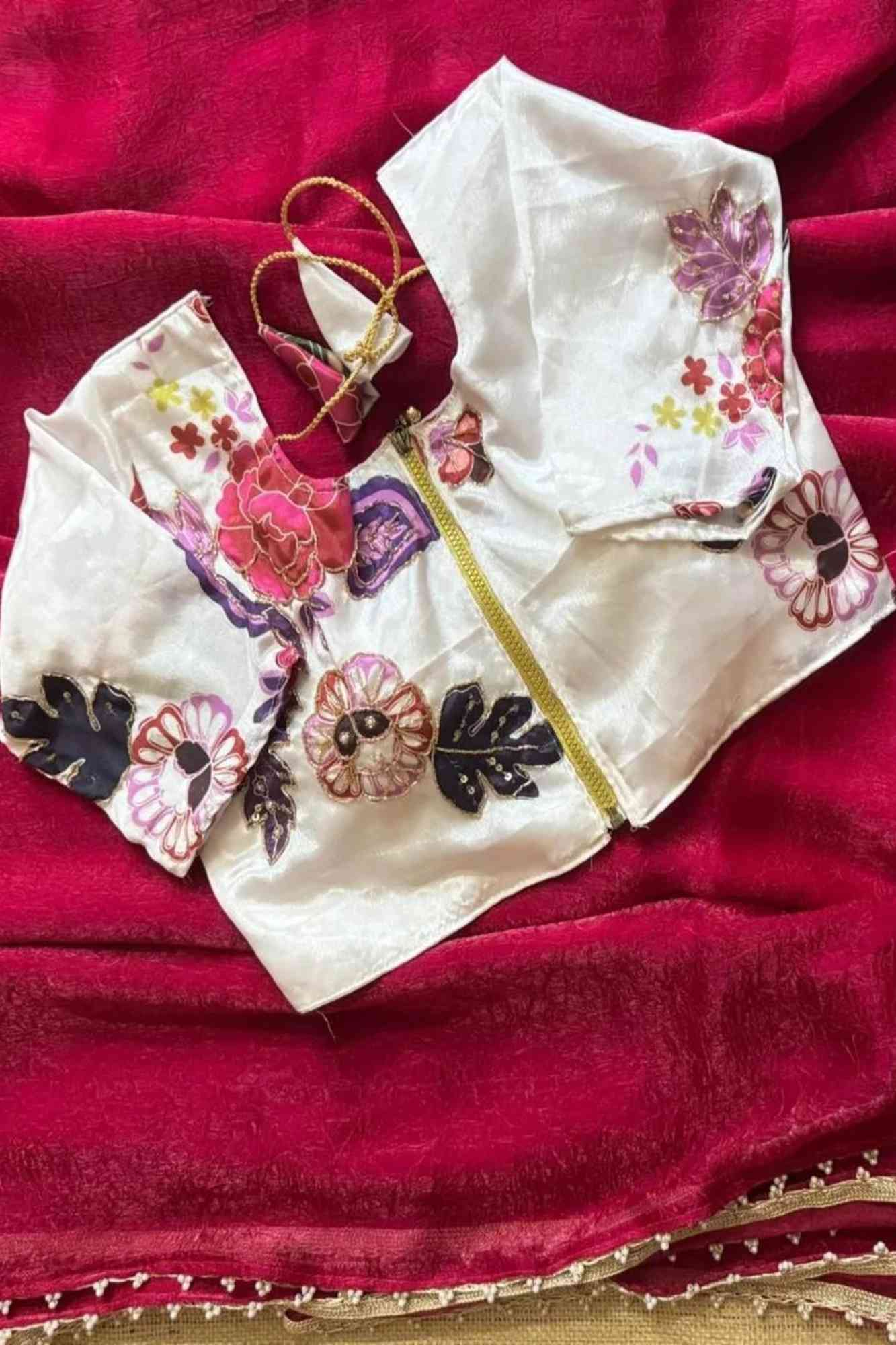 Beautiful Red Silk Crush Saree with Lace Trimmed Border & Full Stitched Kalamkari Print Handwork Blouse Wrap in 1 Minute Saree