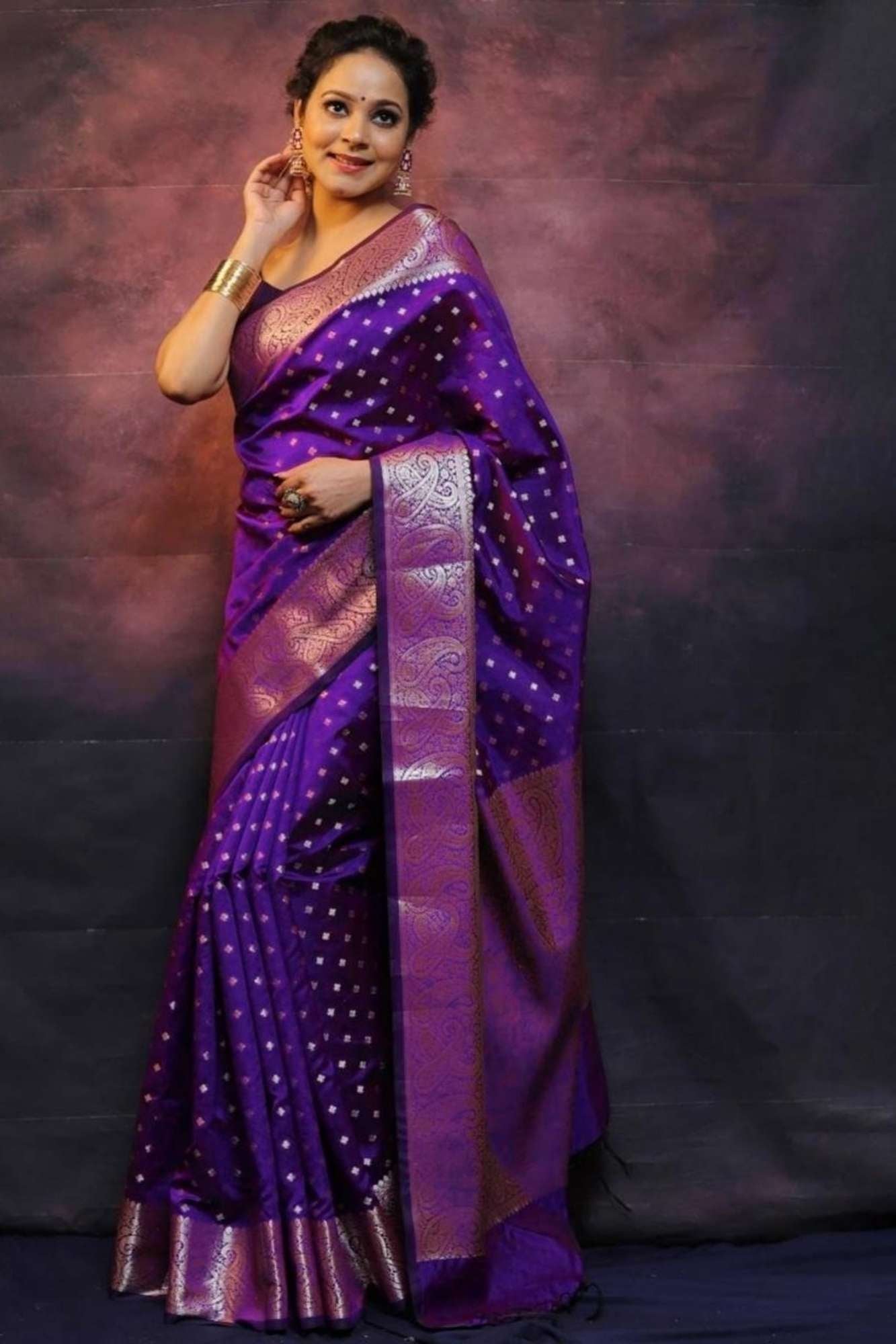 Gorgeous Purple Banarasi Soft Tissue Silk with Allover Zari Weaving , Paisley or Floral motifs & Weaving Pallu Wrap in 1 minute Saree