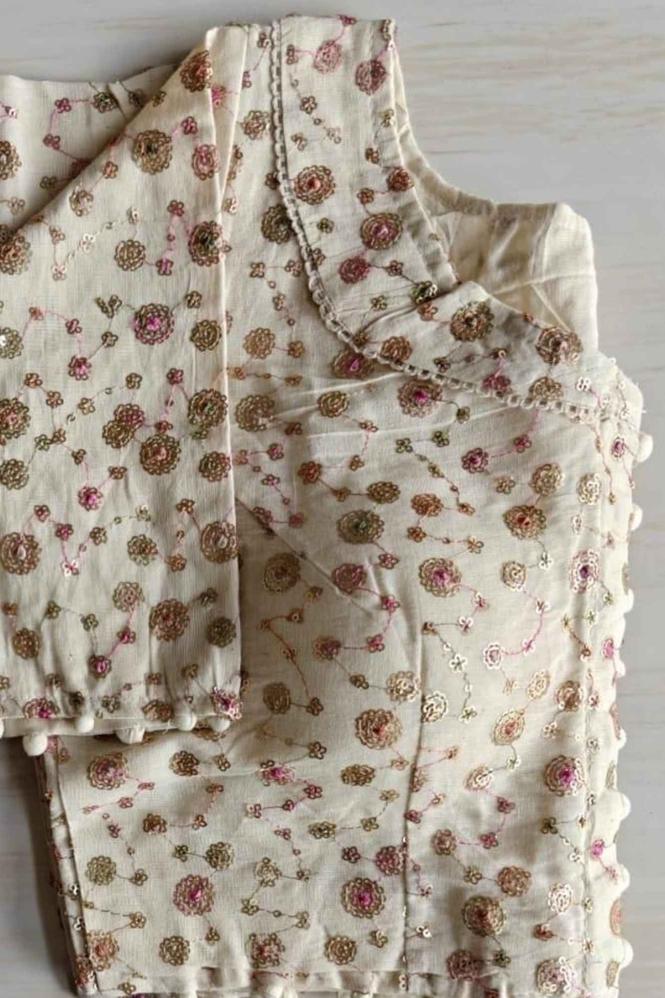 Ready to wear Off white embroidered camric Khadi Blouse with pompom