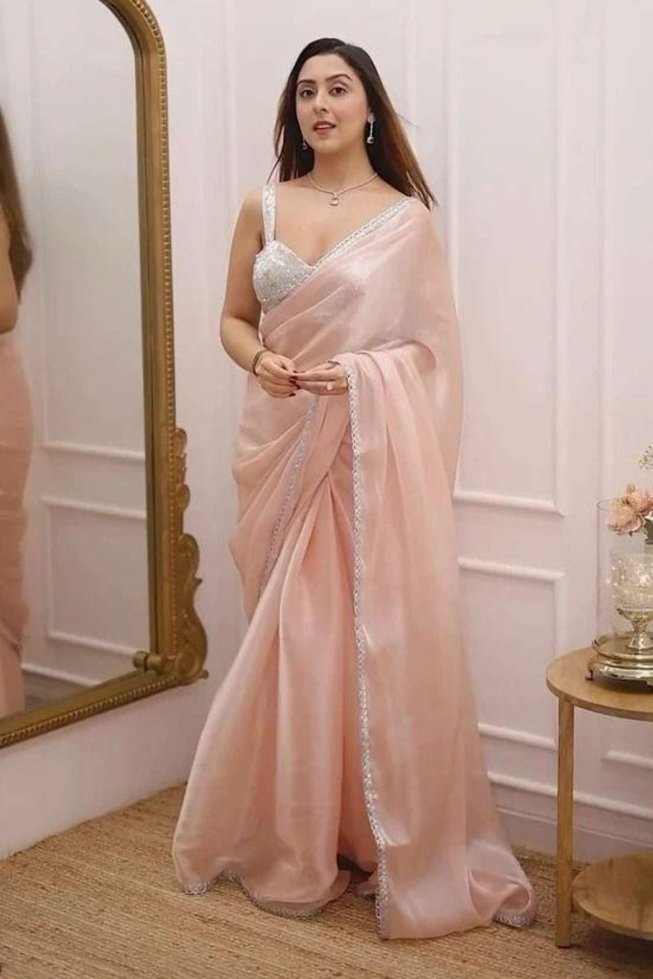 Elegant Peach Chiffon Silk with Overall Silver Lace Ready to wear Saree