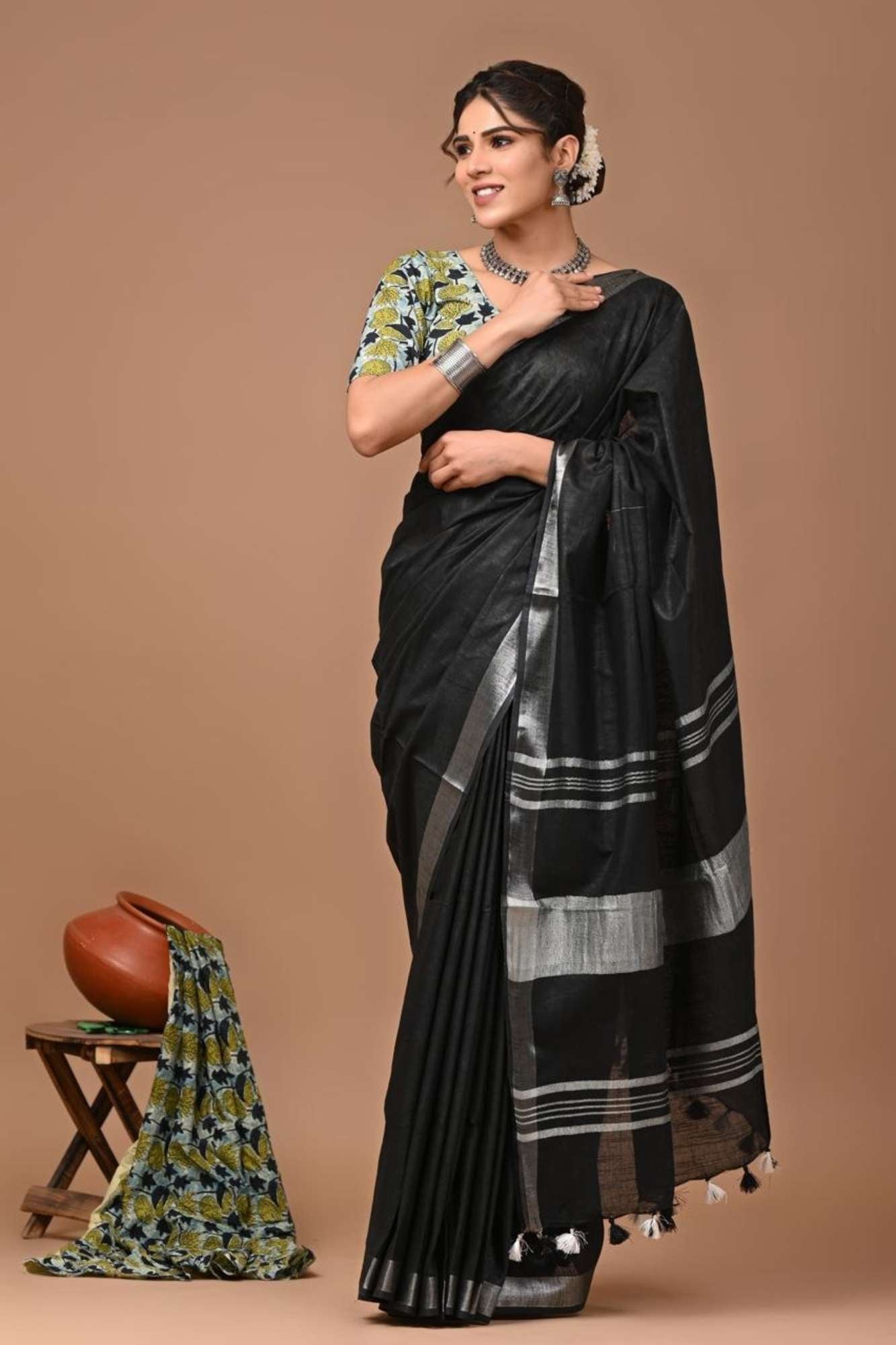 Gorgeous Black Linen Cotton Ready To Wear Saree