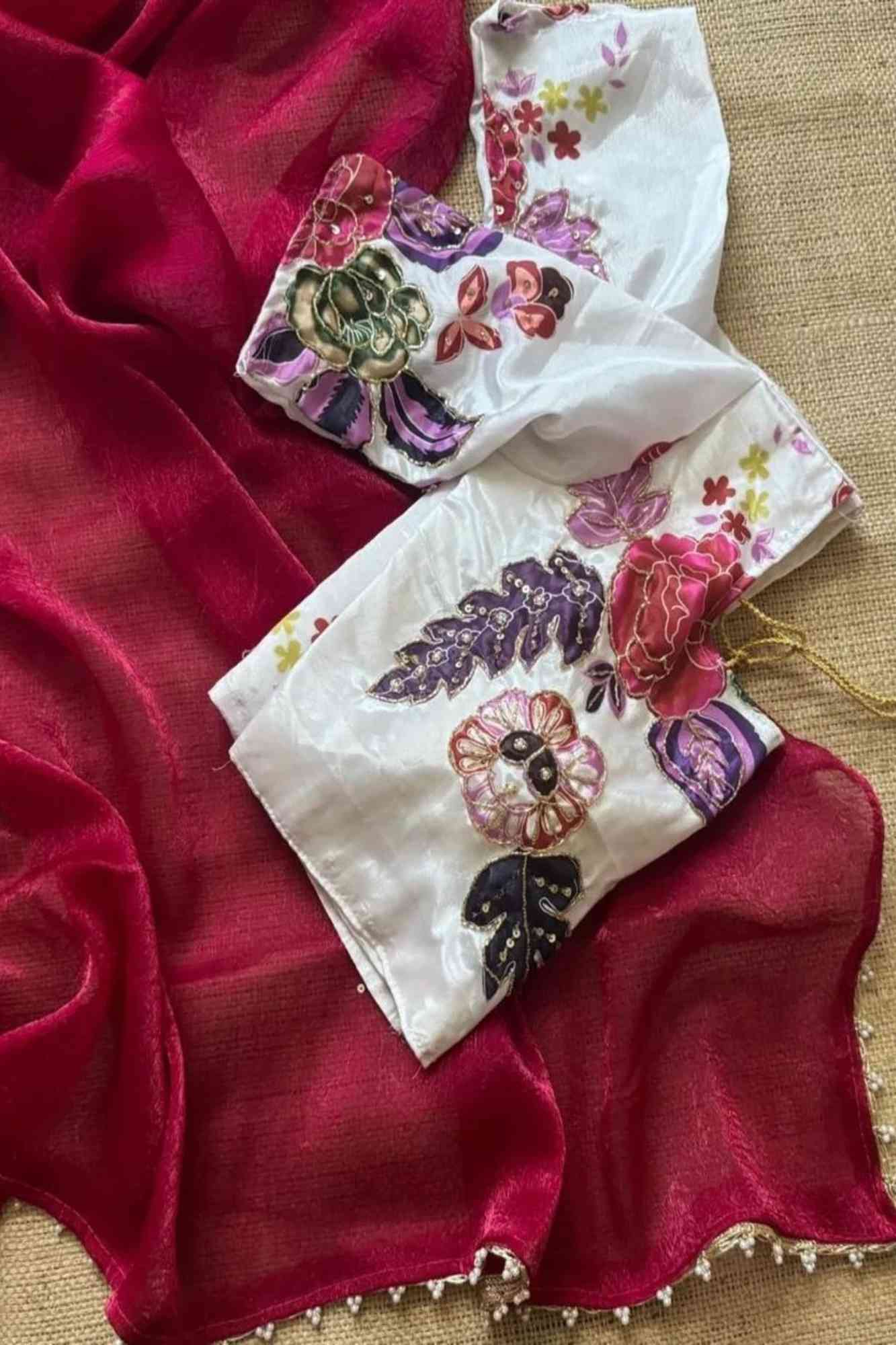 Beautiful Red Silk Crush Saree with Lace Trimmed Border & Full Stitched Kalamkari Print Handwork Blouse Wrap in 1 Minute Saree
