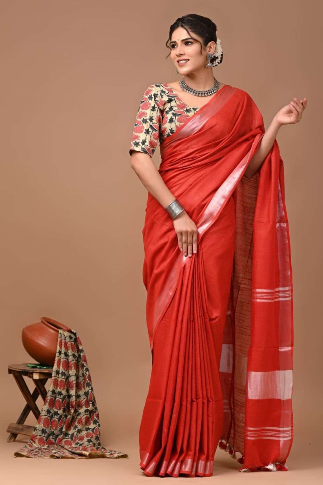 Gajari linen prestitched saree