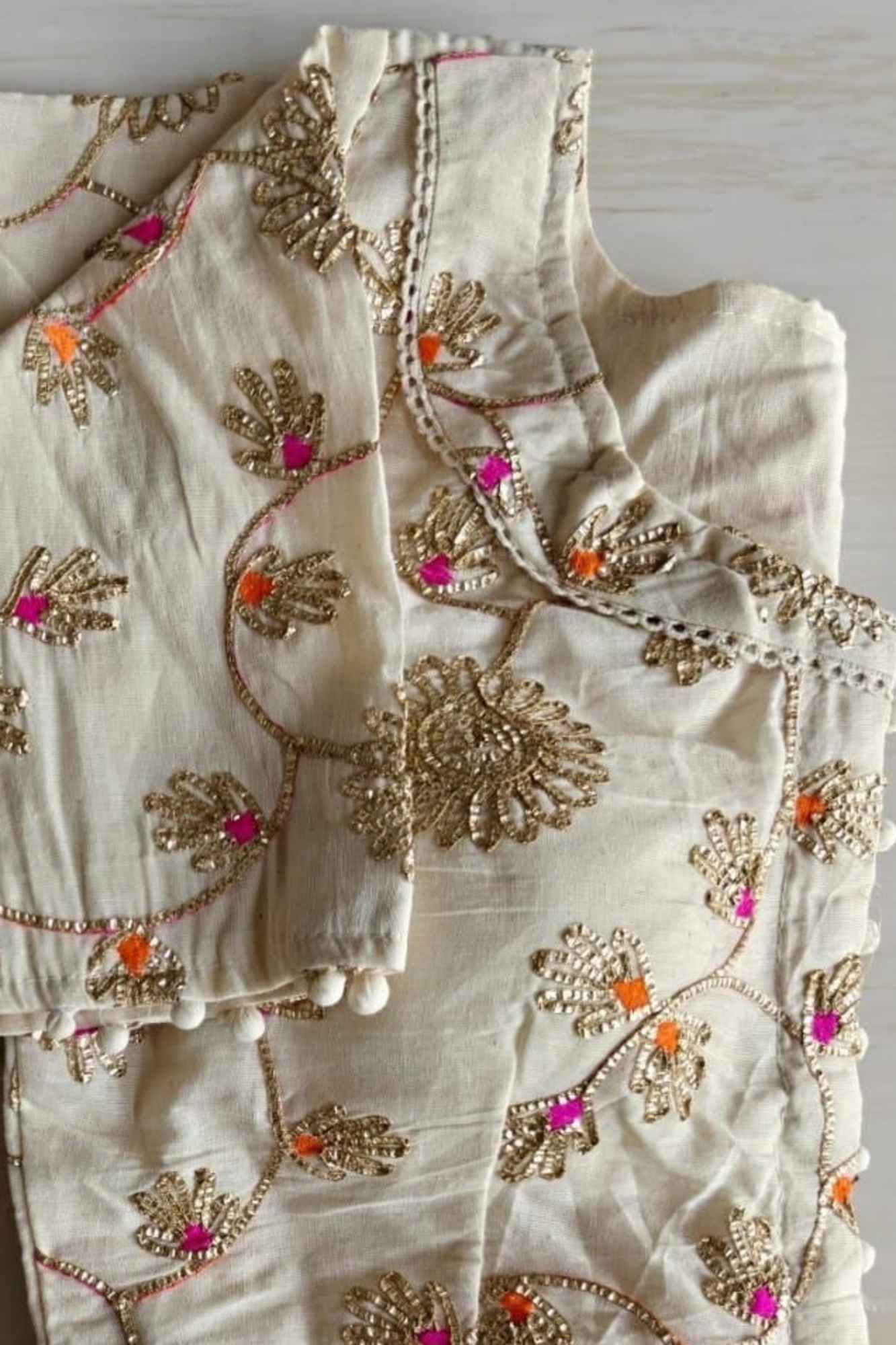 Ready to wear Camric Khadi Blouse with heavy embroidery with Pompom on Sleeves