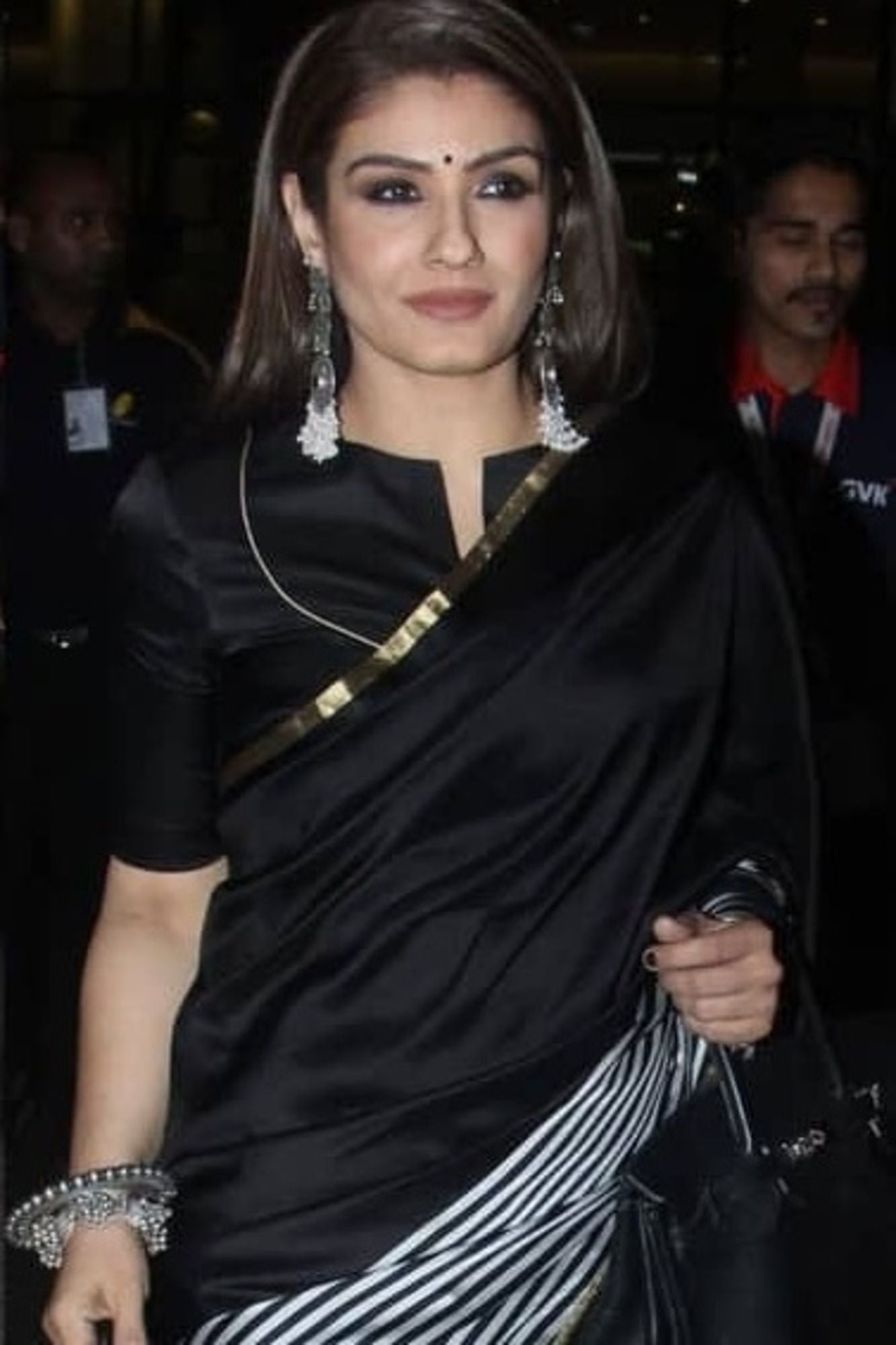 Raveena Tandon inspired semi katan silk Black & White Striped with Gold Zari Border Ready To Wear Saree