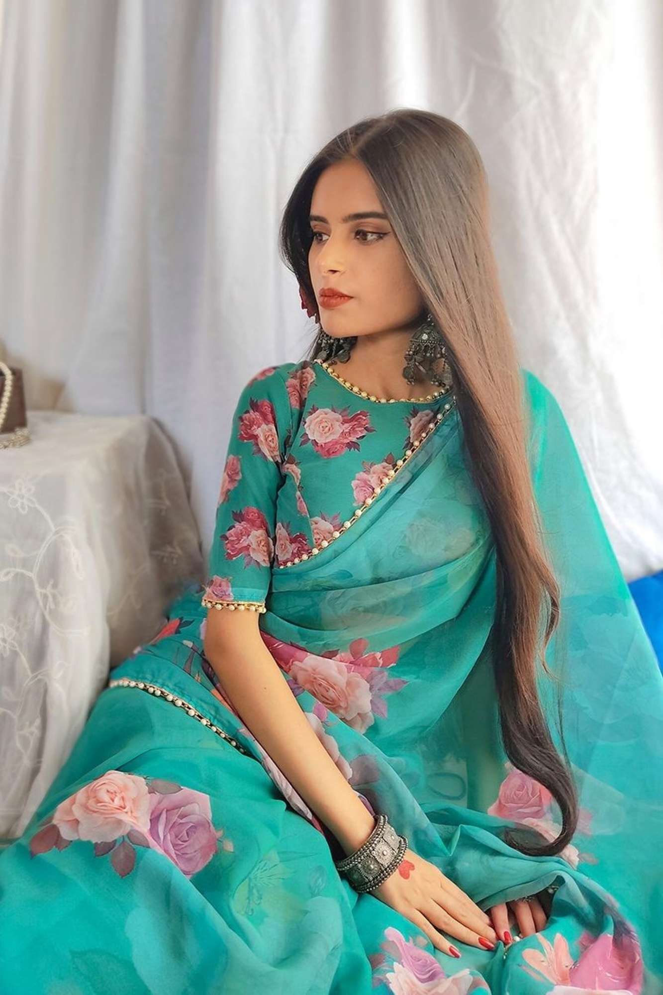 Green Georgette Floral Printed with Pearl Lace Border