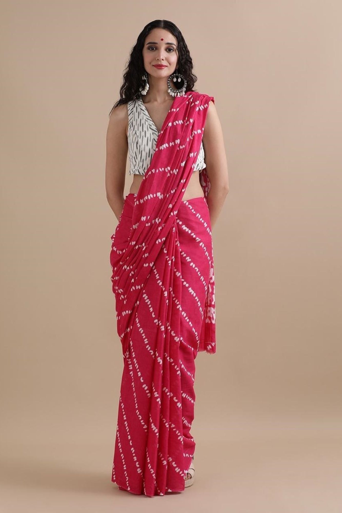 Mulmul Cotton Jaipuri pink with White lehariya Ready to wear Saree