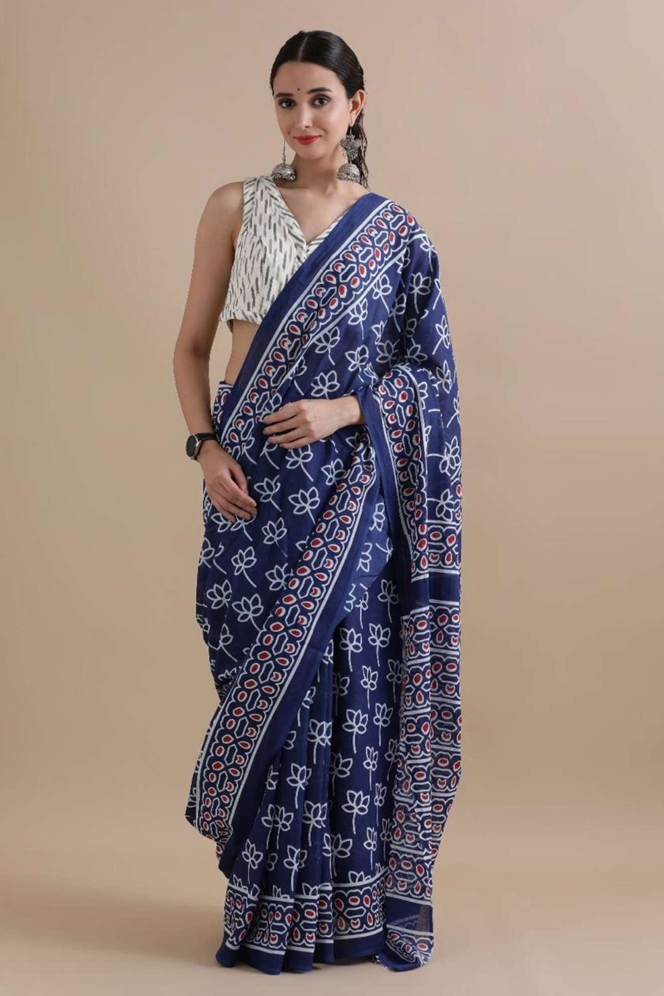 Mulmul Cotton JaipurI Indigo with Hand Block Printed Ready to wear Saree