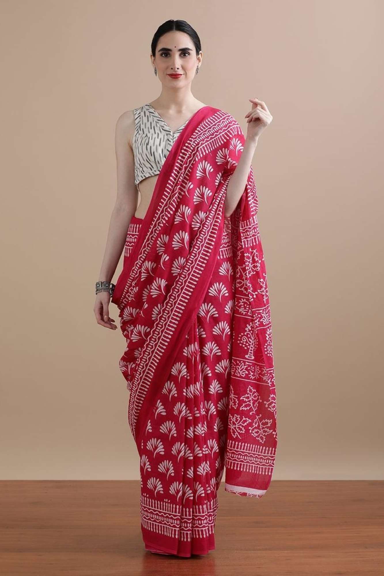 Mulmul Cotton Jaipuri Hand Block Printed Ready to wear Saree