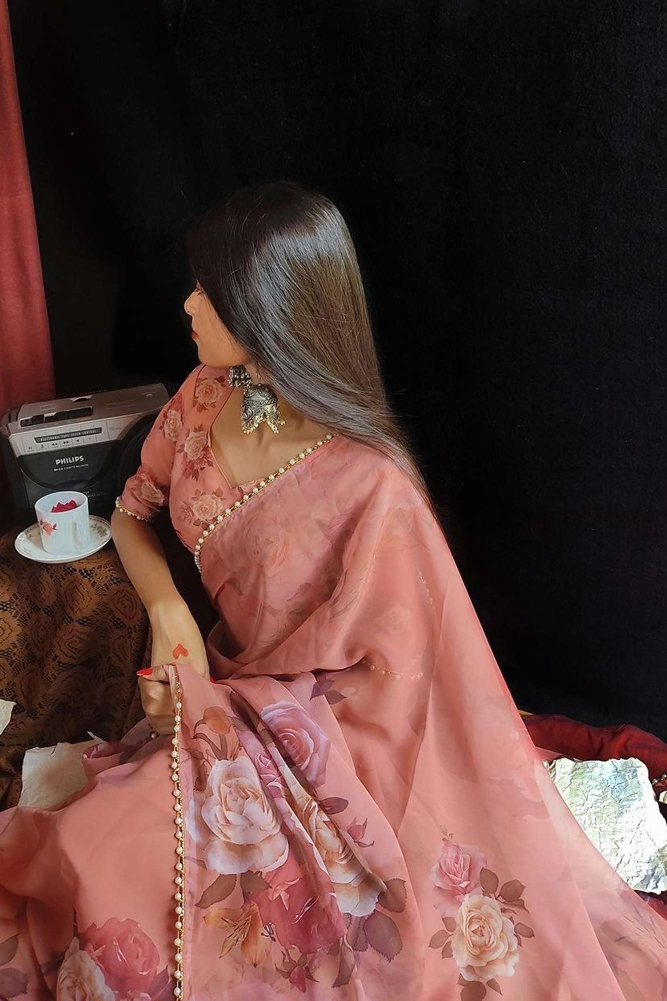 Pink Georgette Floral Printed with Pearl Lace Border Ready To Wear Saree