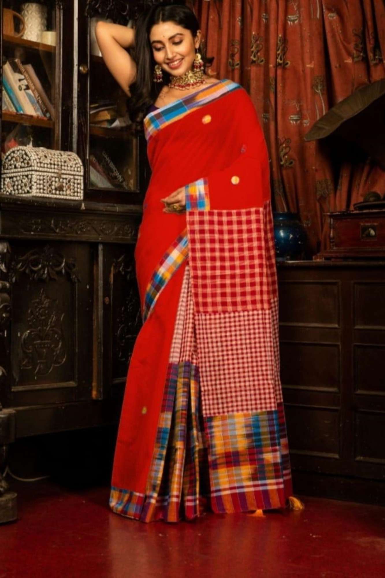 Cotton Red Gamcha Pattern Mix & Match Ready To Wear Saree