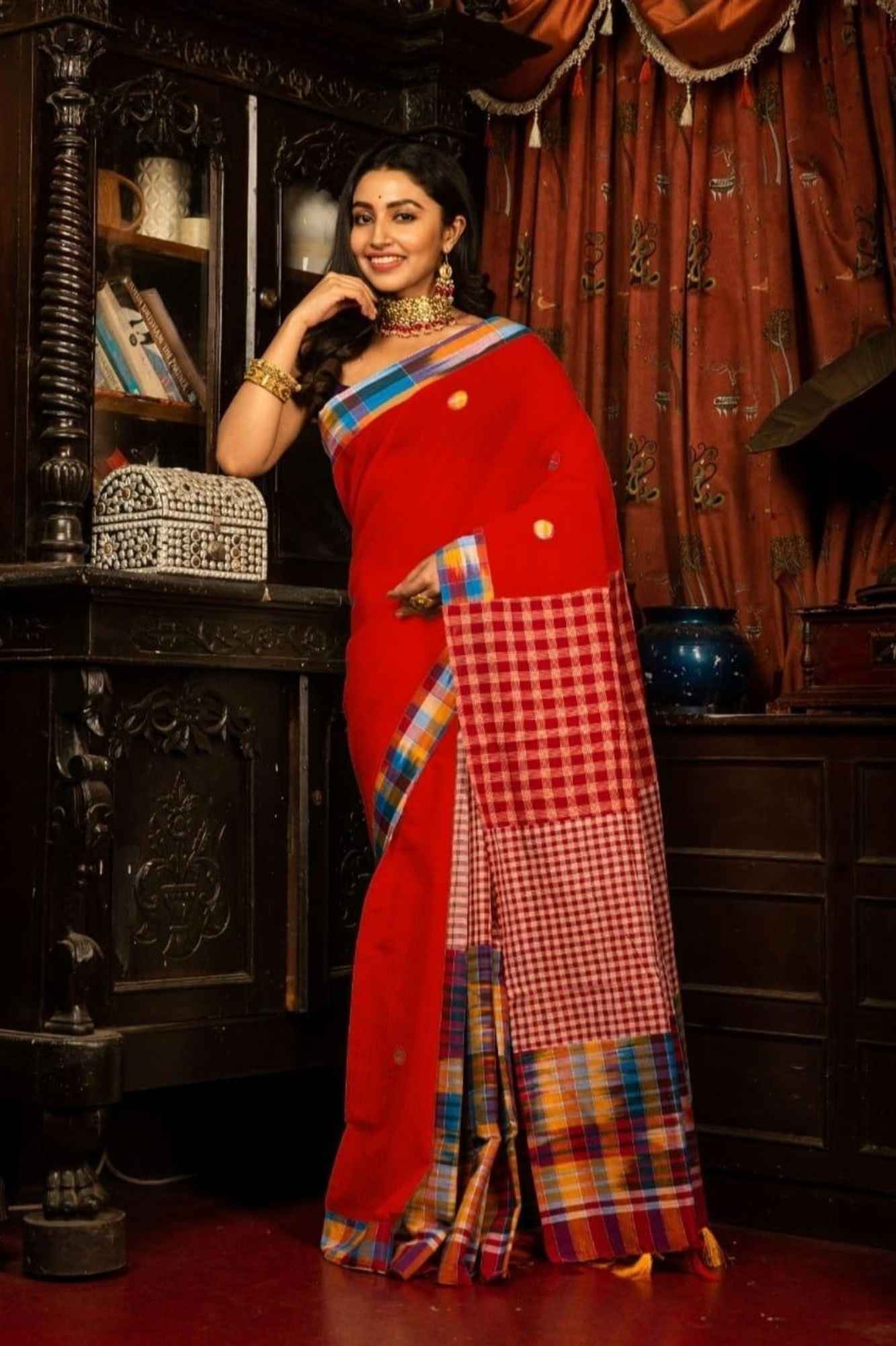 Cotton Red Gamcha Pattern Mix & Match Ready To Wear Saree