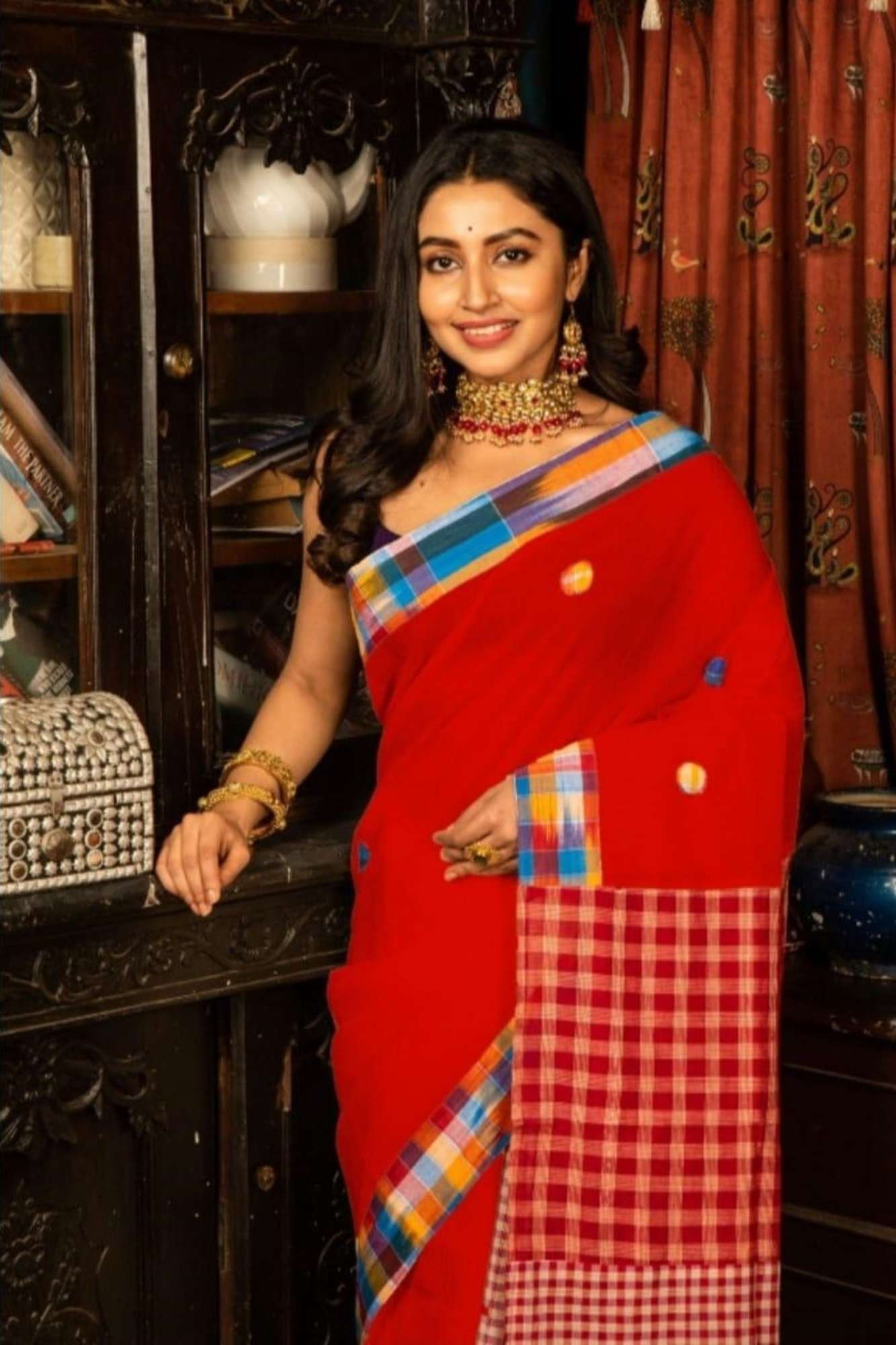 Cotton Red Gamcha Pattern Mix & Match Ready To Wear Saree