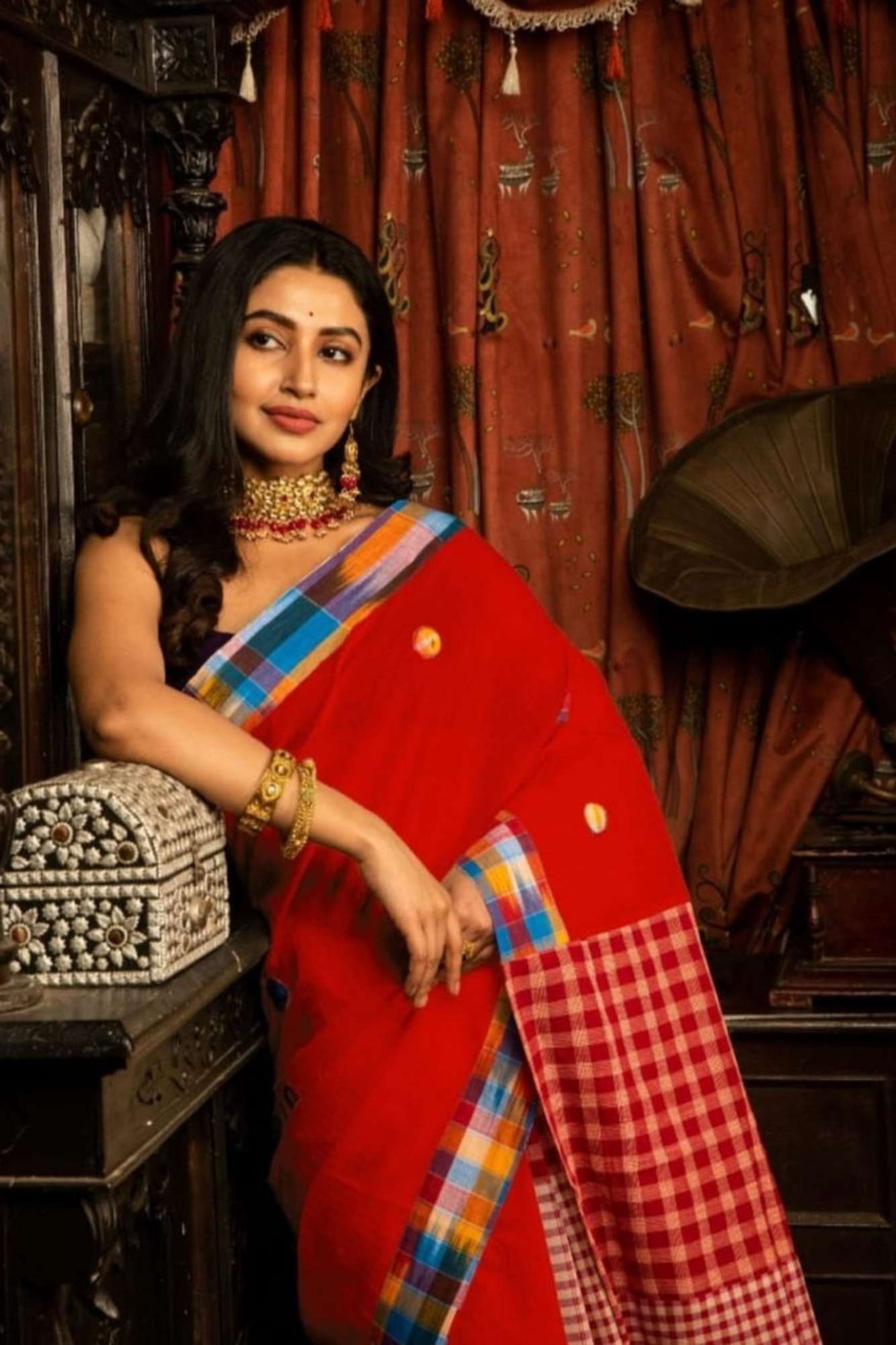 Cotton Red Gamcha Pattern Mix & Match Ready To Wear Saree