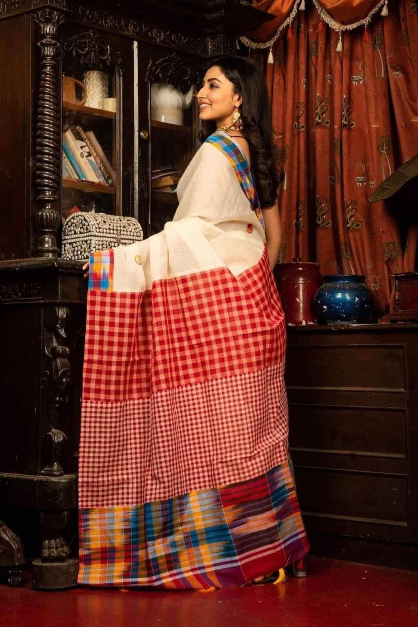 Cotton White Colour Gamcha Pattern Ready To Wear Saree