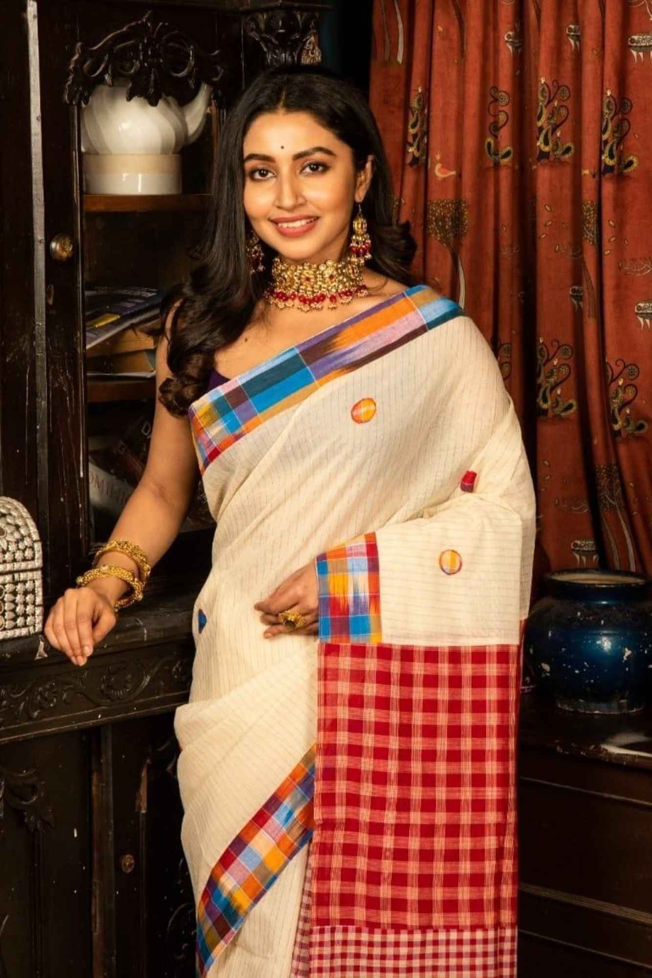 Cotton White Colour Gamcha Pattern Ready To Wear Saree