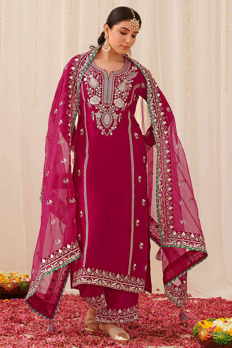 Pink Silk Blend Solid Yoke Design Straight Palazzo Suit Set | SHOBITAM