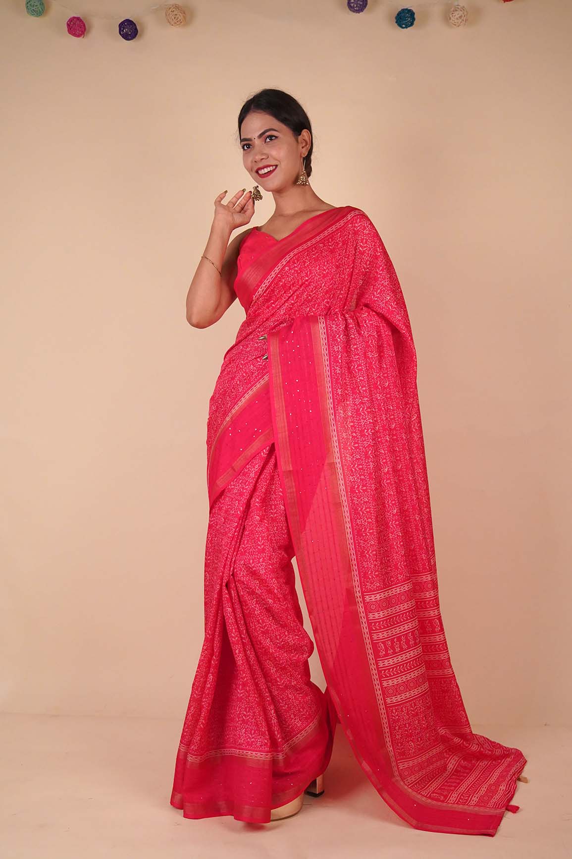Ready to wear Dola Silk Over All Bastar Art Printed With sequence Border Wrap in 1 minute Saree with Readymade Blouse - Isadora Life